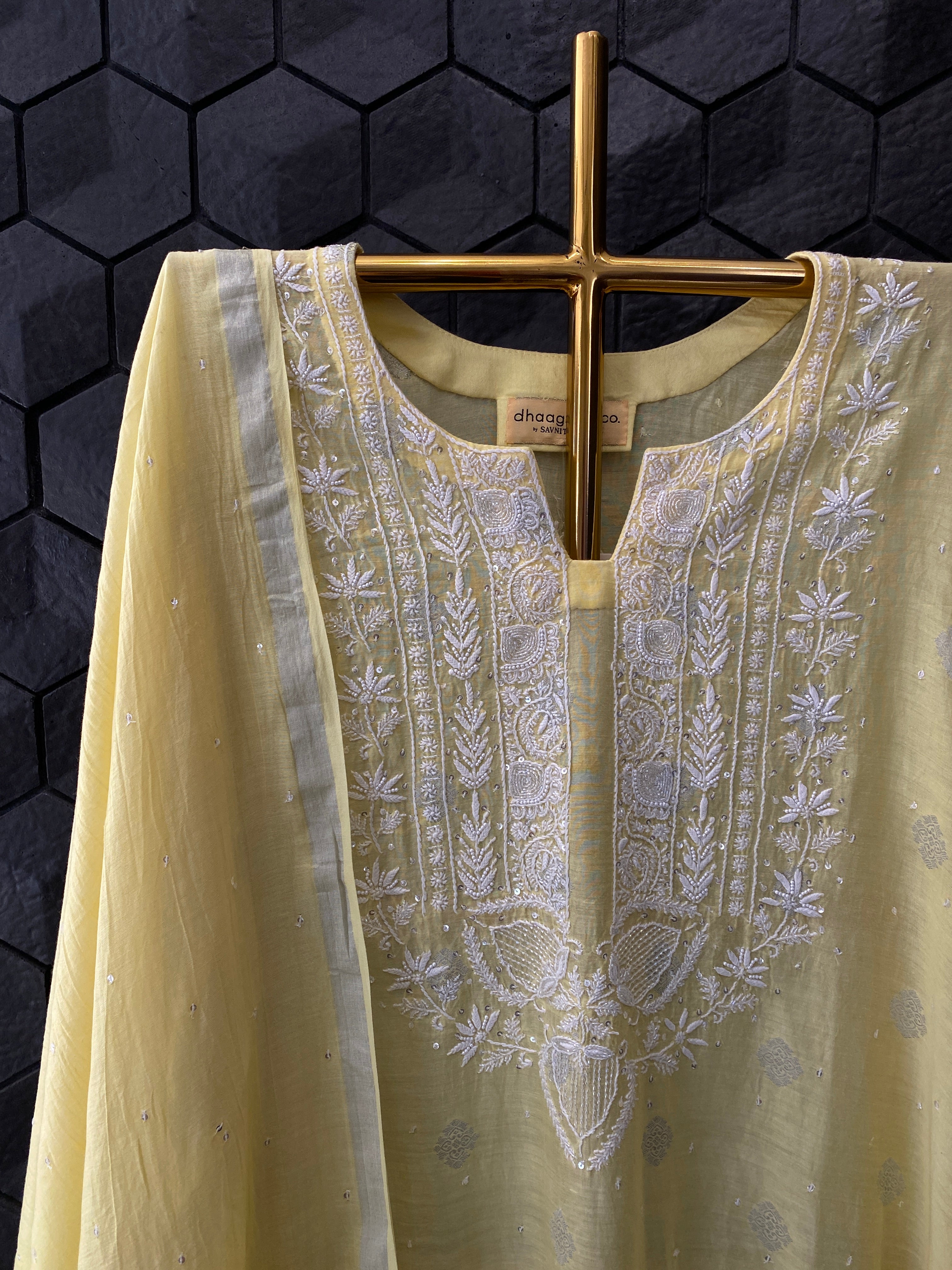 Yellow Mul Chanderi Chikankari Kurta Set