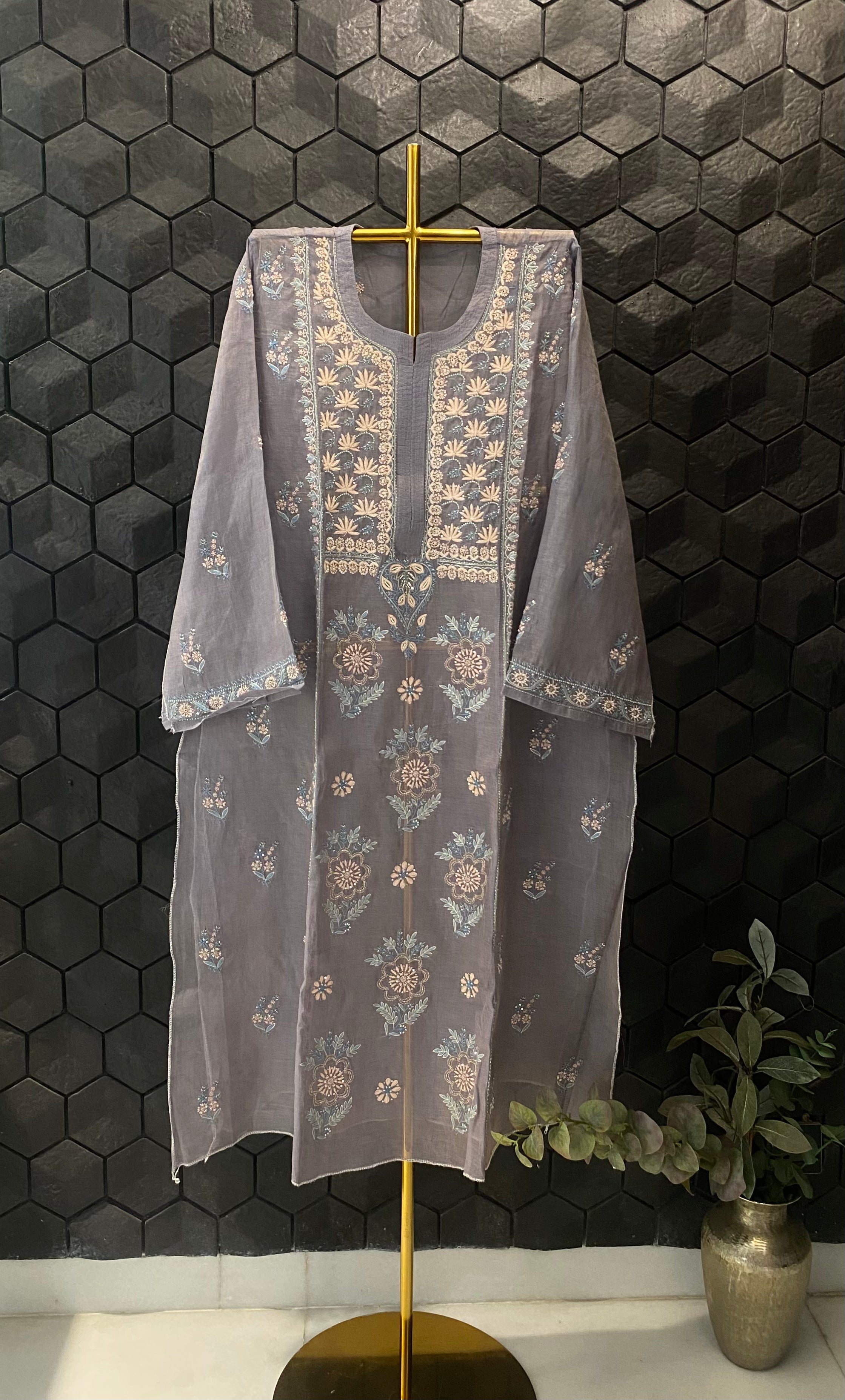 Grey Tissue Chikankari Kurta Set