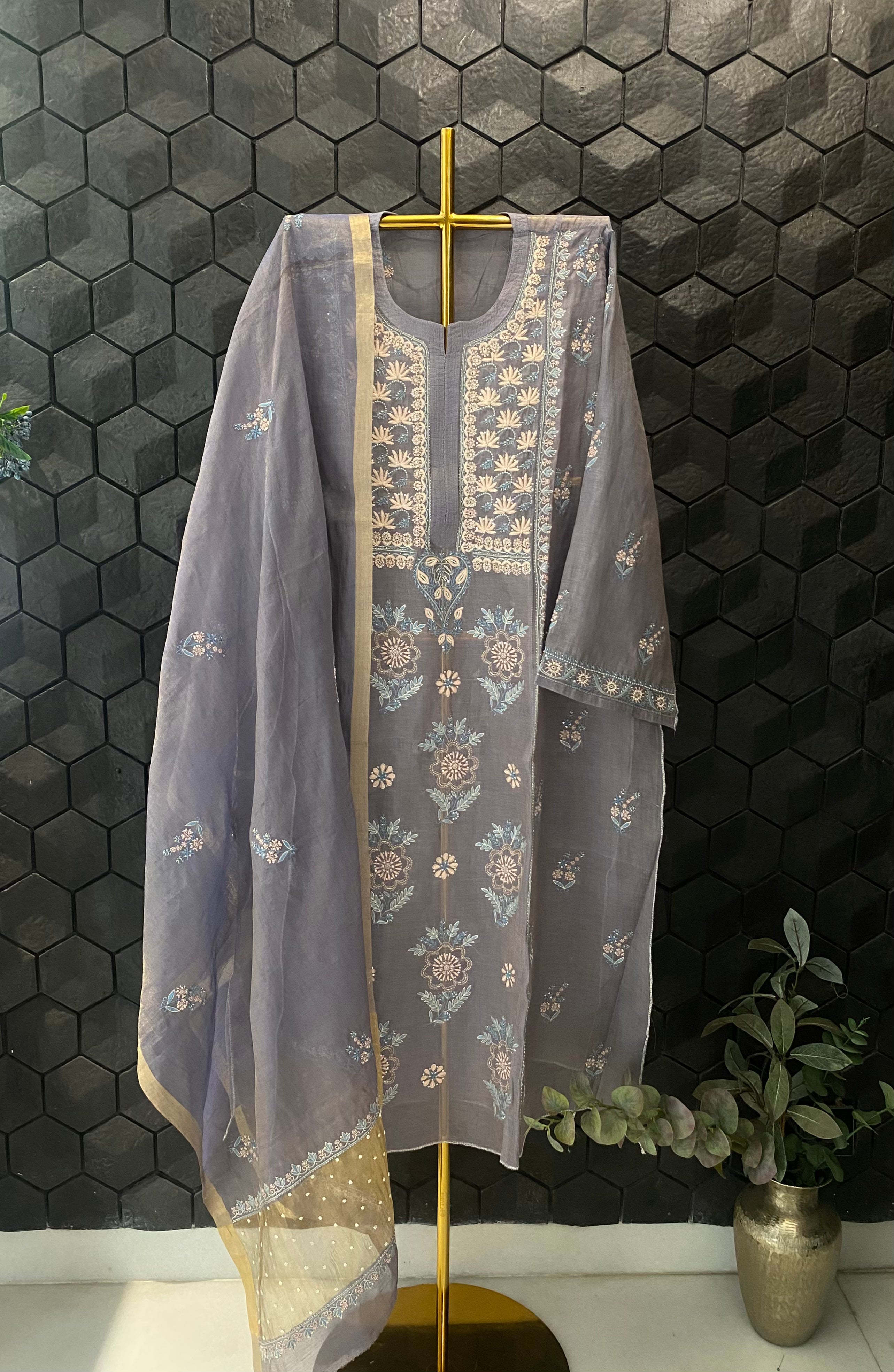 Grey Tissue Chikankari Kurta Set