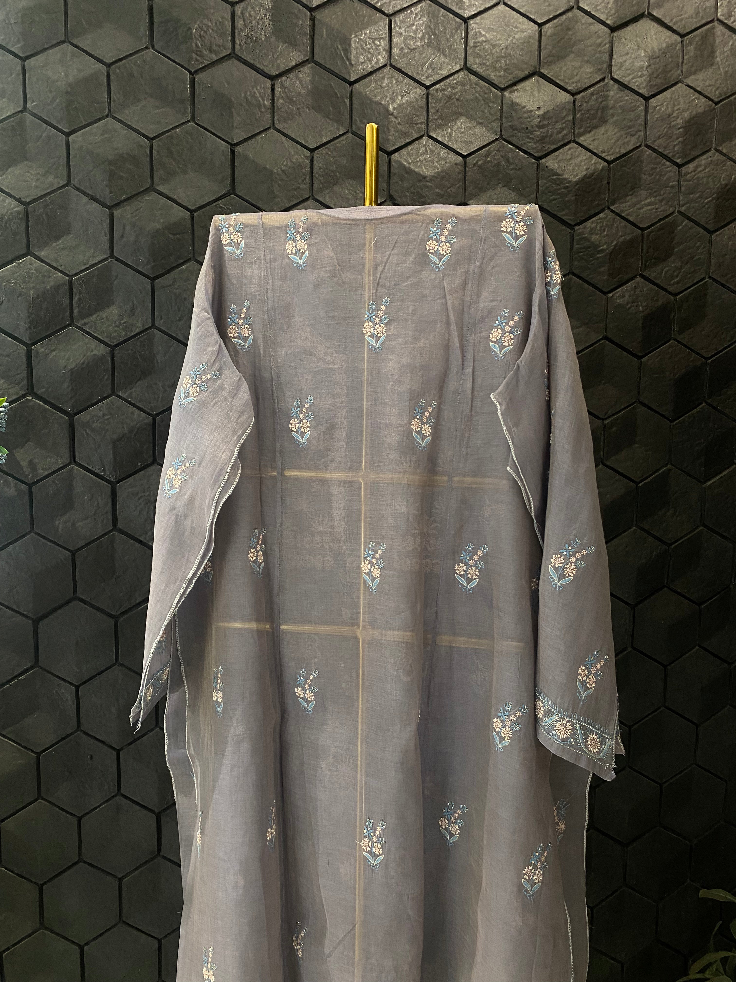 Grey Tissue Chikankari Kurta Set