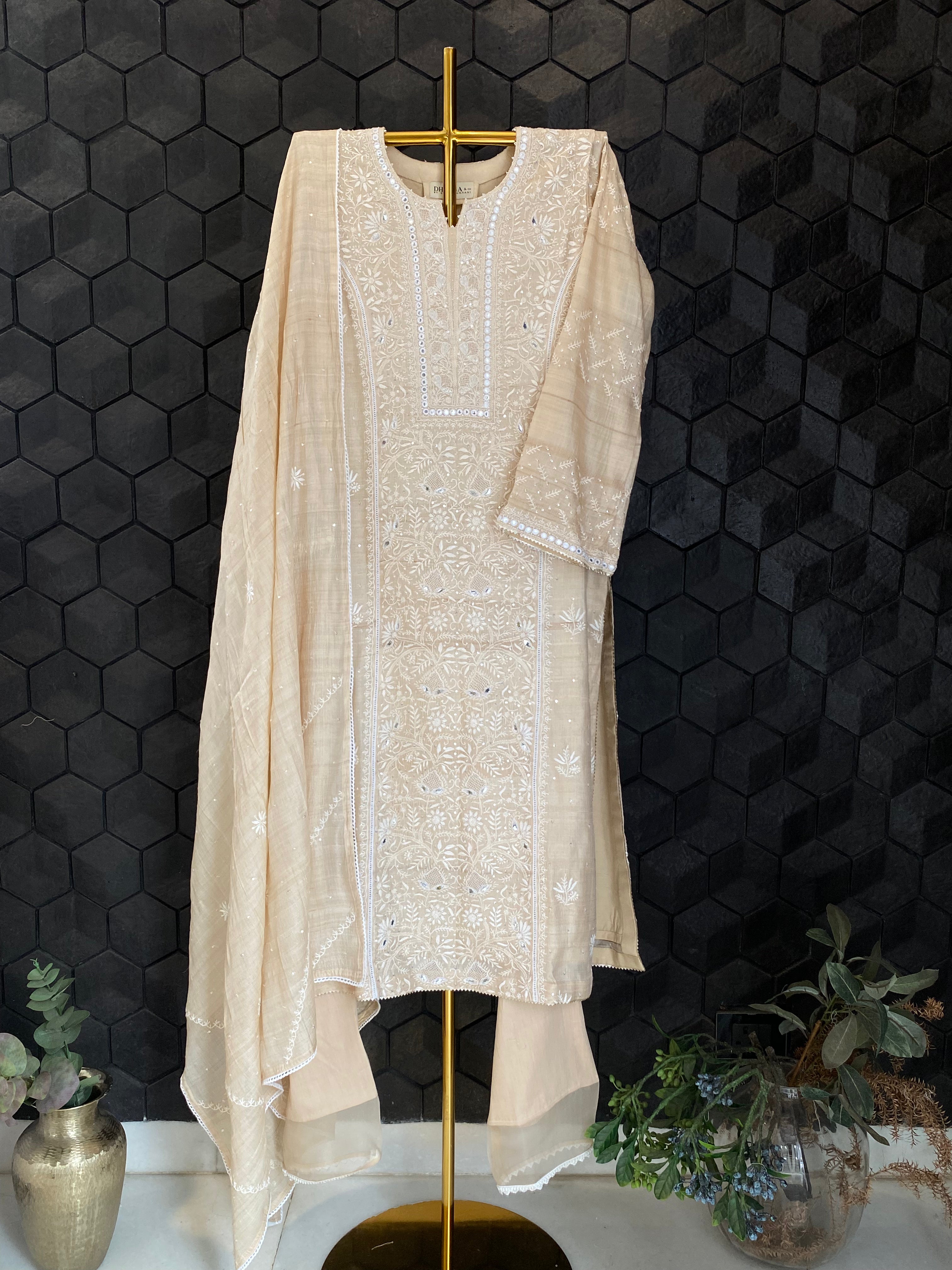 Natural Munga Silk Chikankari Suit  Set