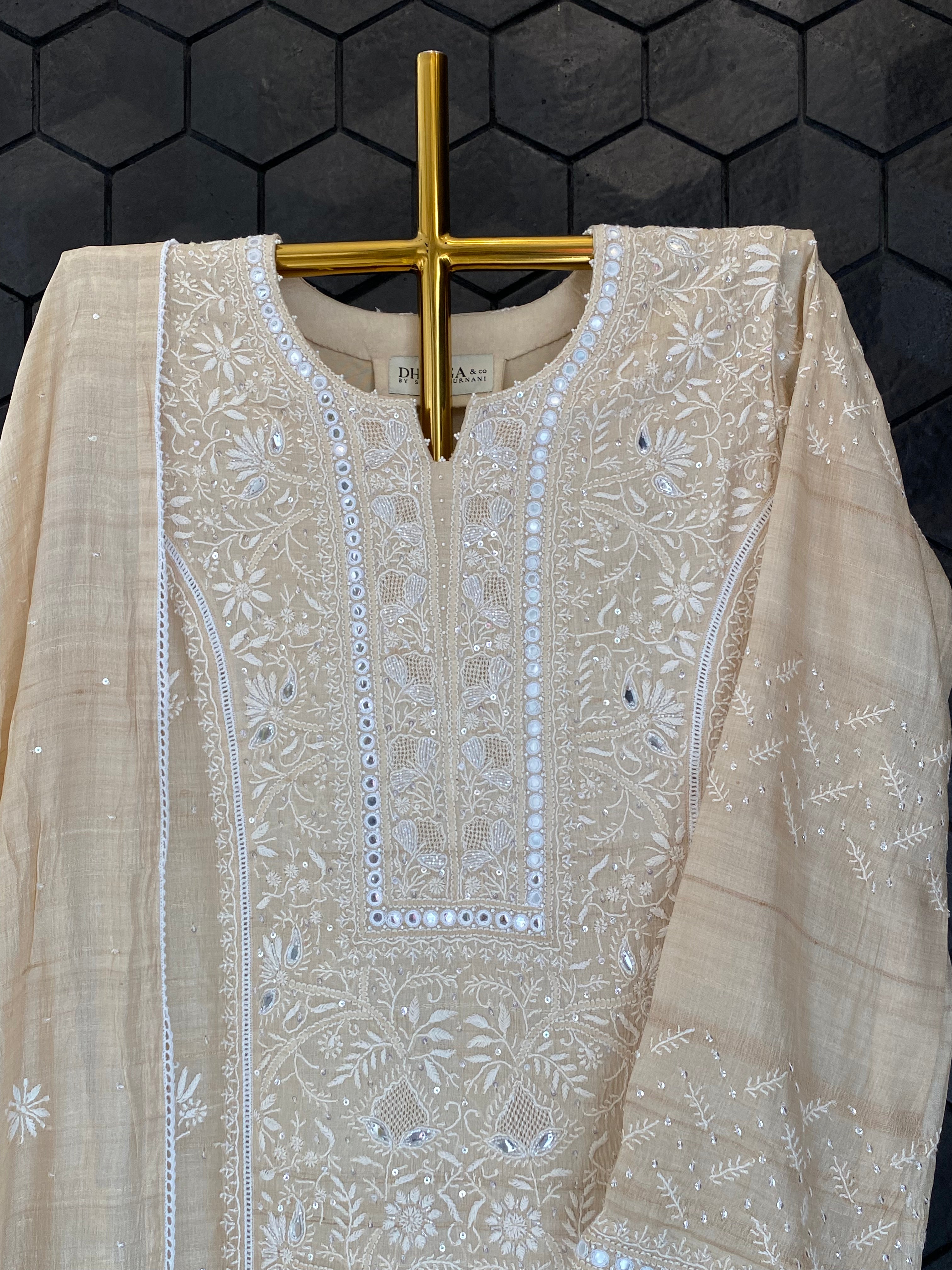 Natural Munga Silk Chikankari Suit  Set