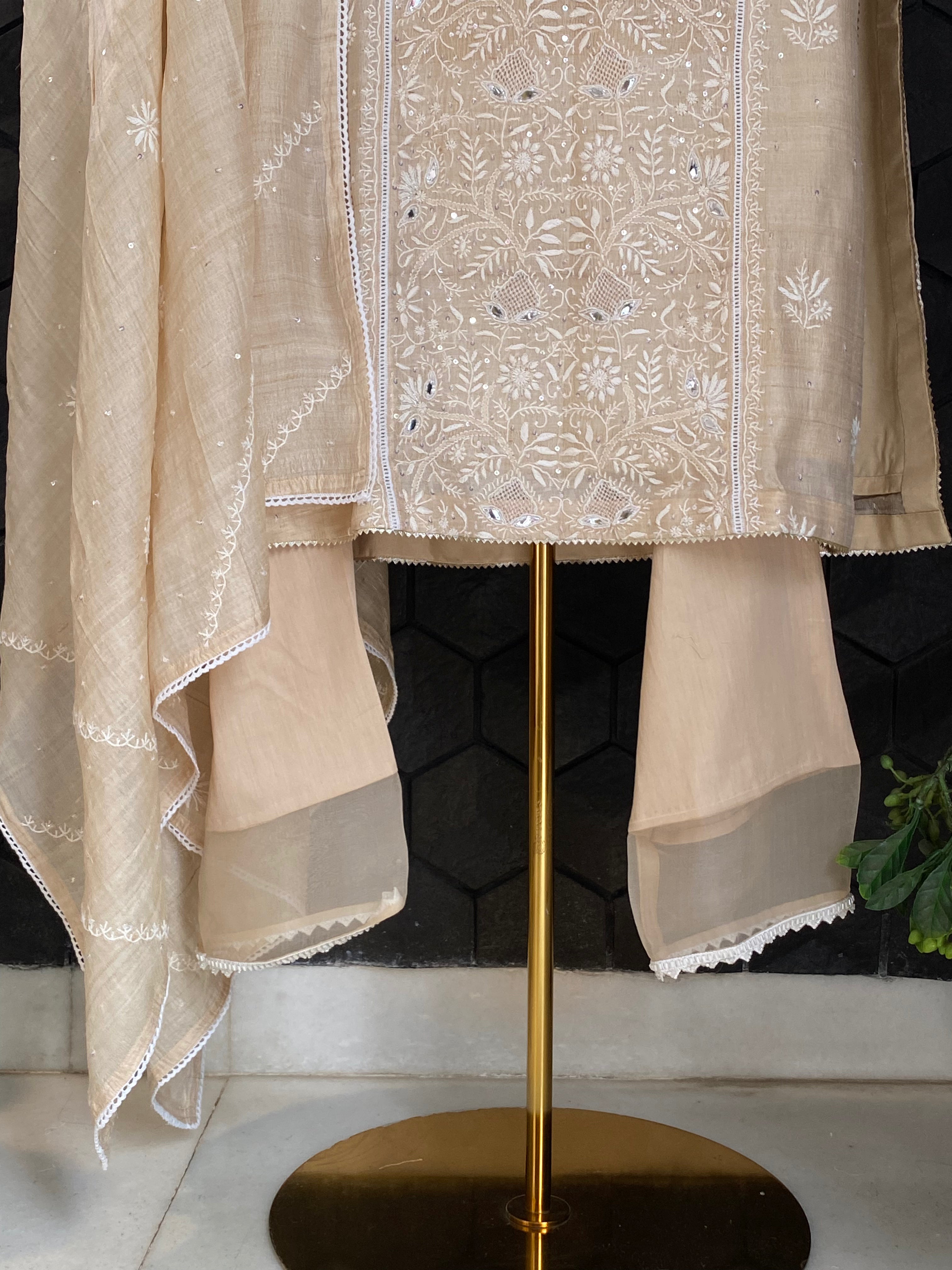 Natural Munga Silk Chikankari Suit  Set