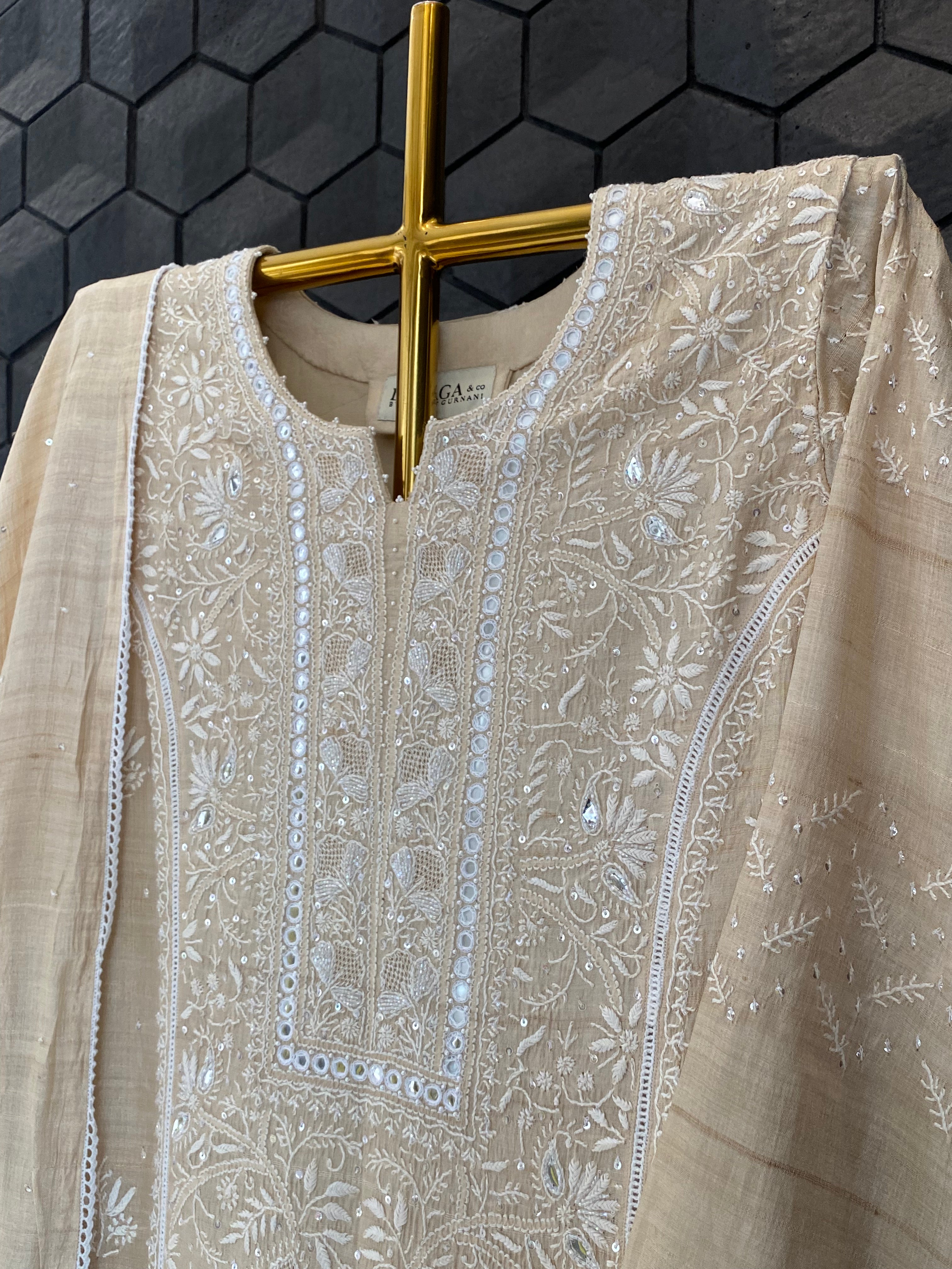 Natural Munga Silk Chikankari Suit  Set