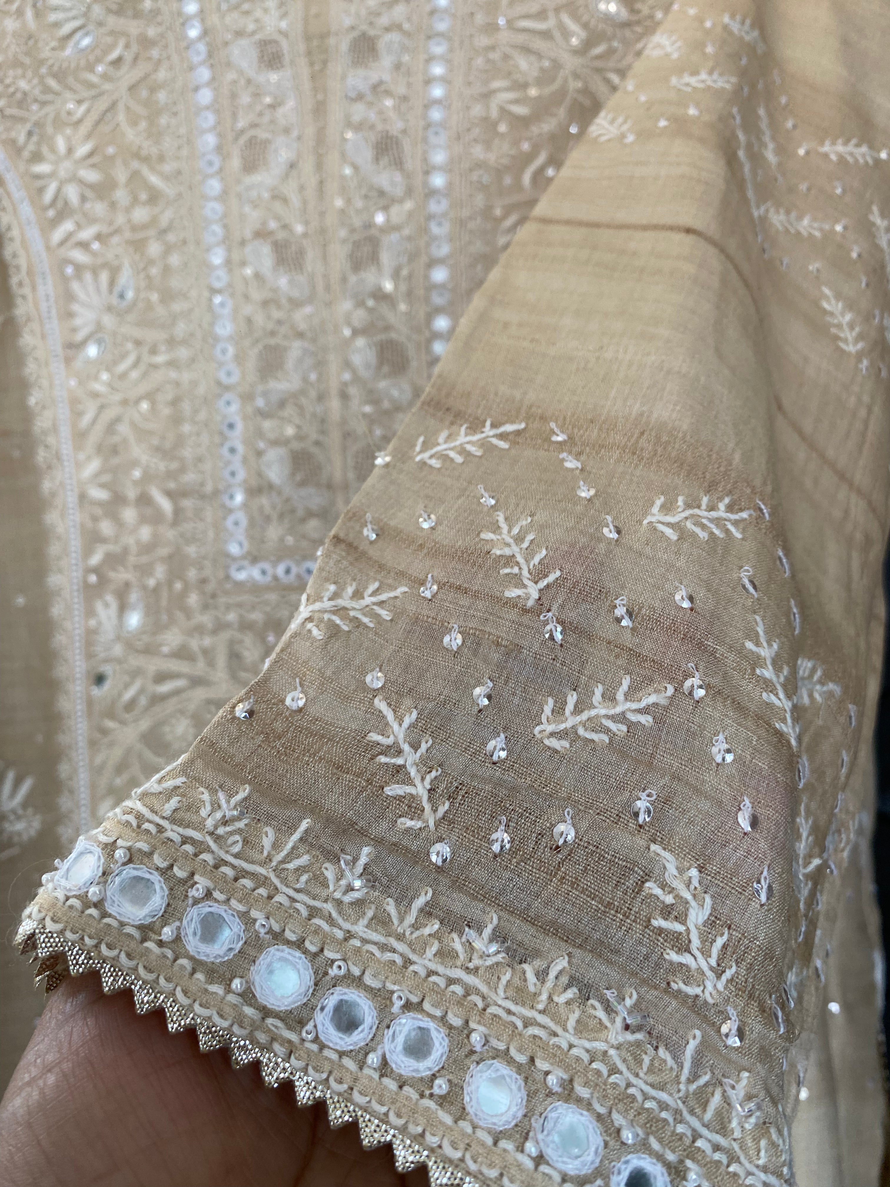 Natural Munga Silk Chikankari Suit  Set