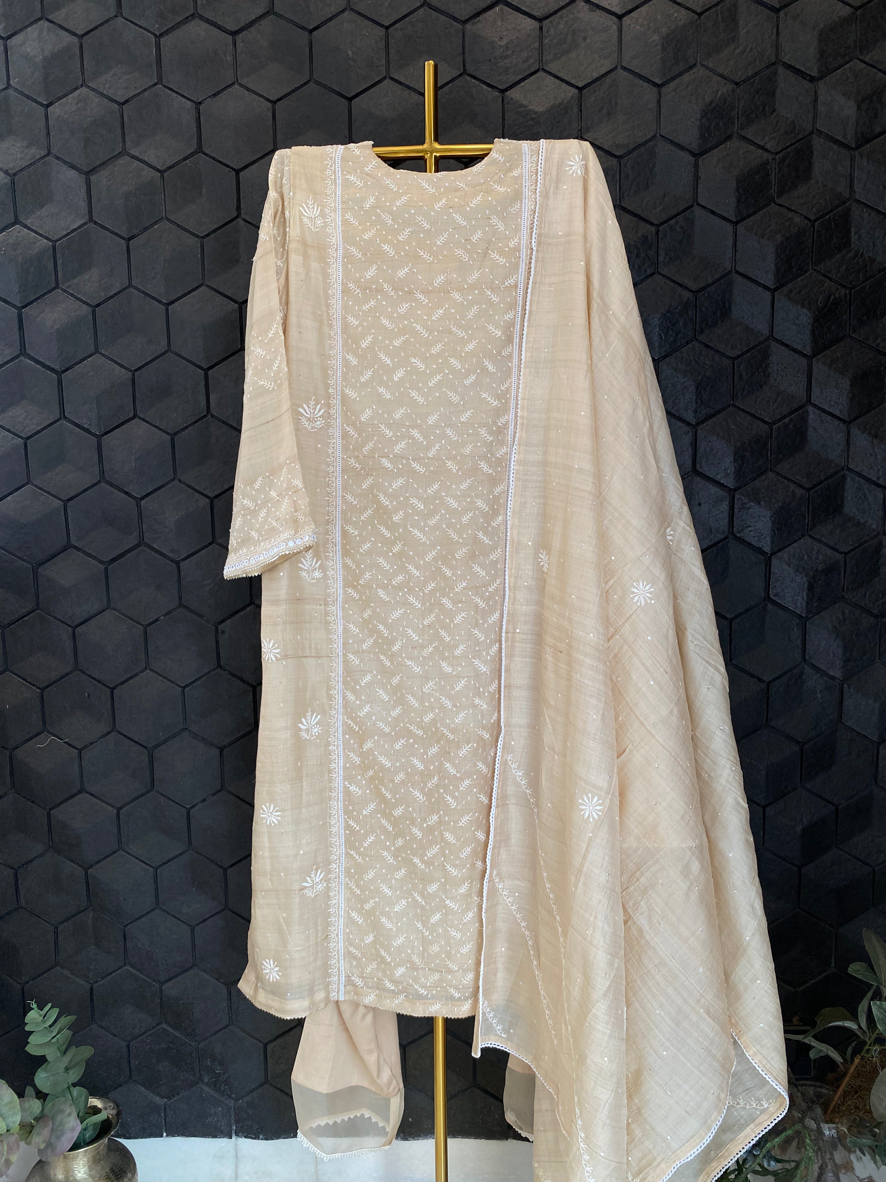 Natural Munga Silk Chikankari Suit  Set