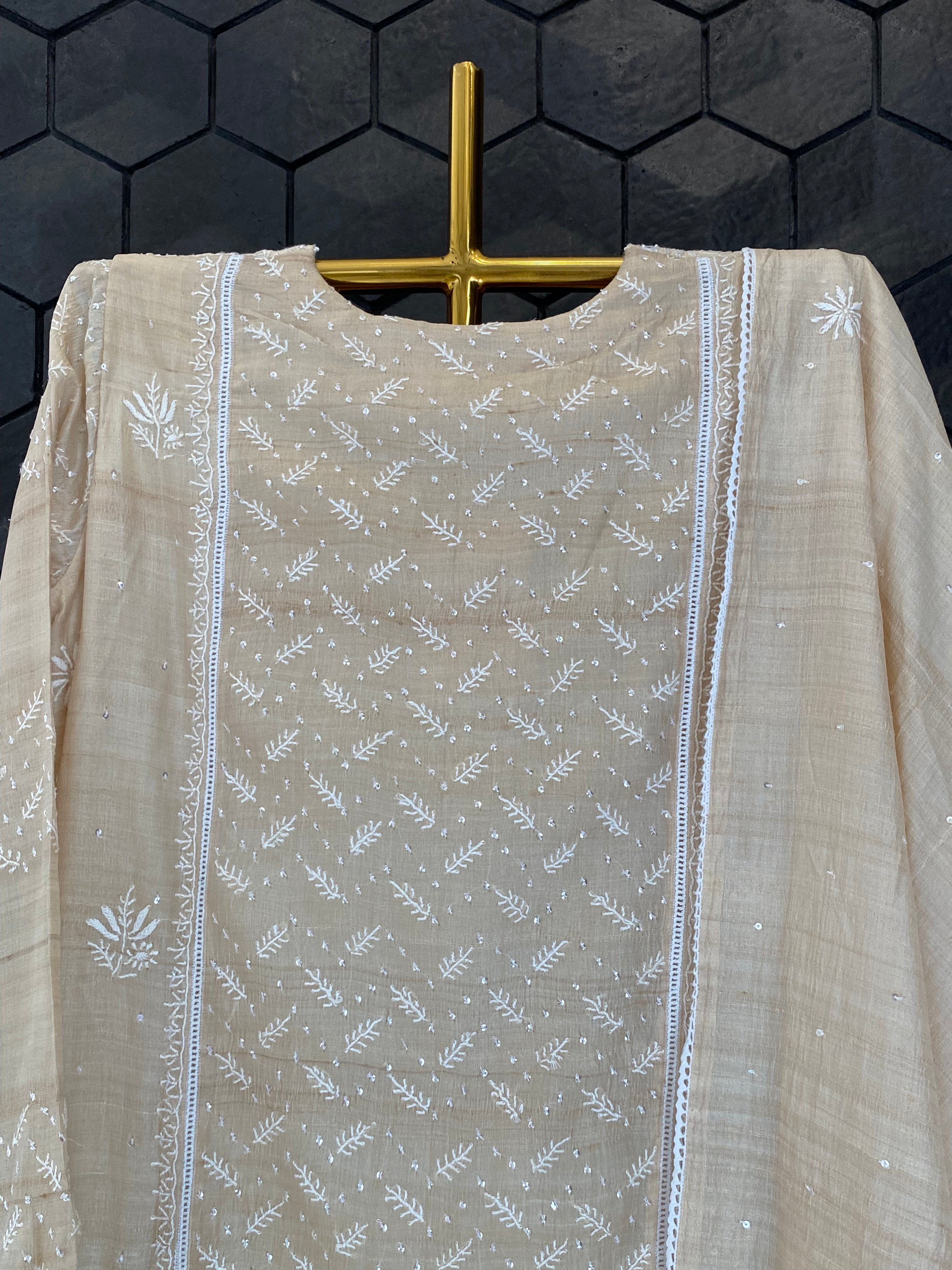 Natural Munga Silk Chikankari Suit  Set
