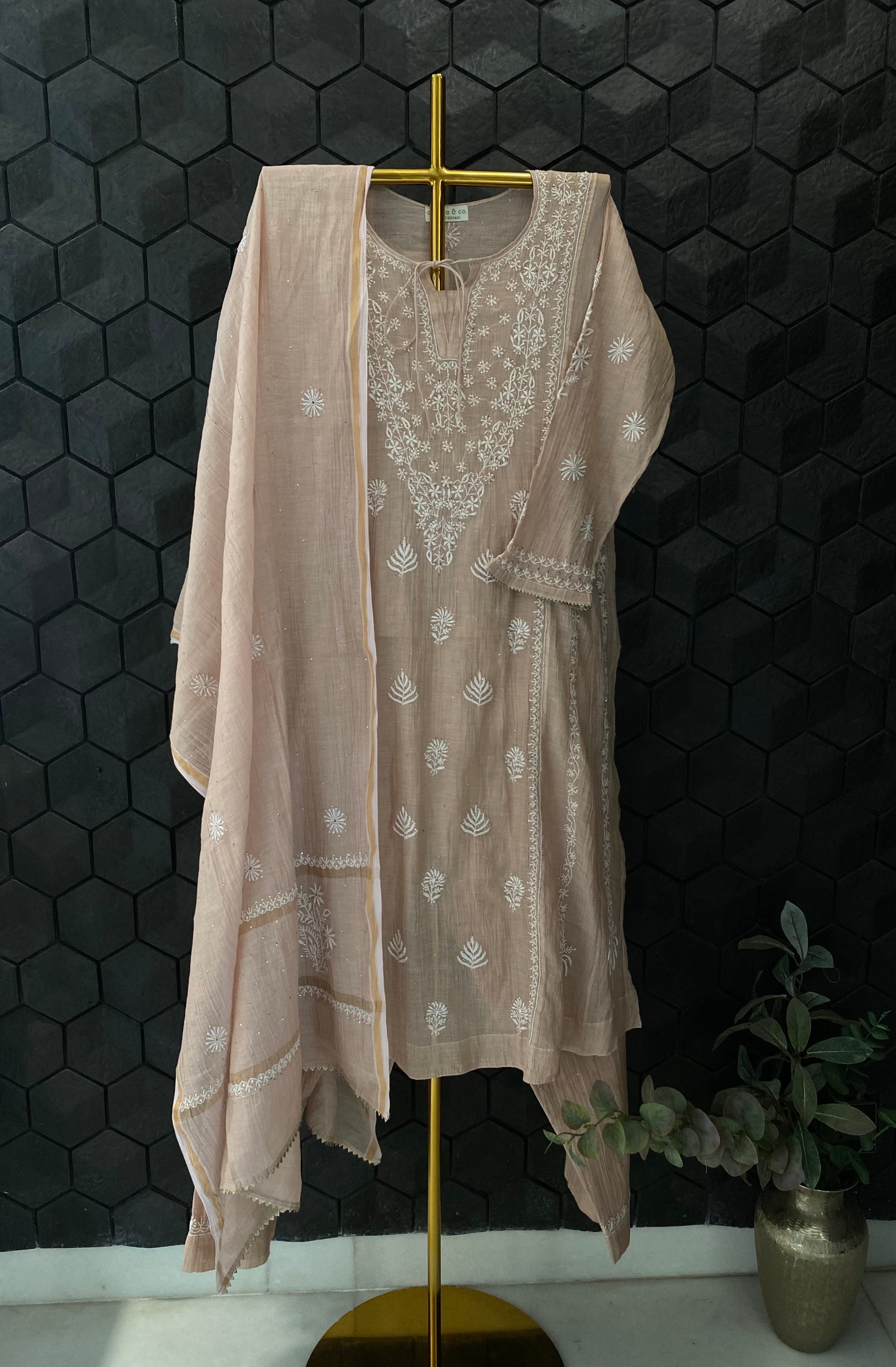 Pink Golden Tissue Chikankari Kurta Set