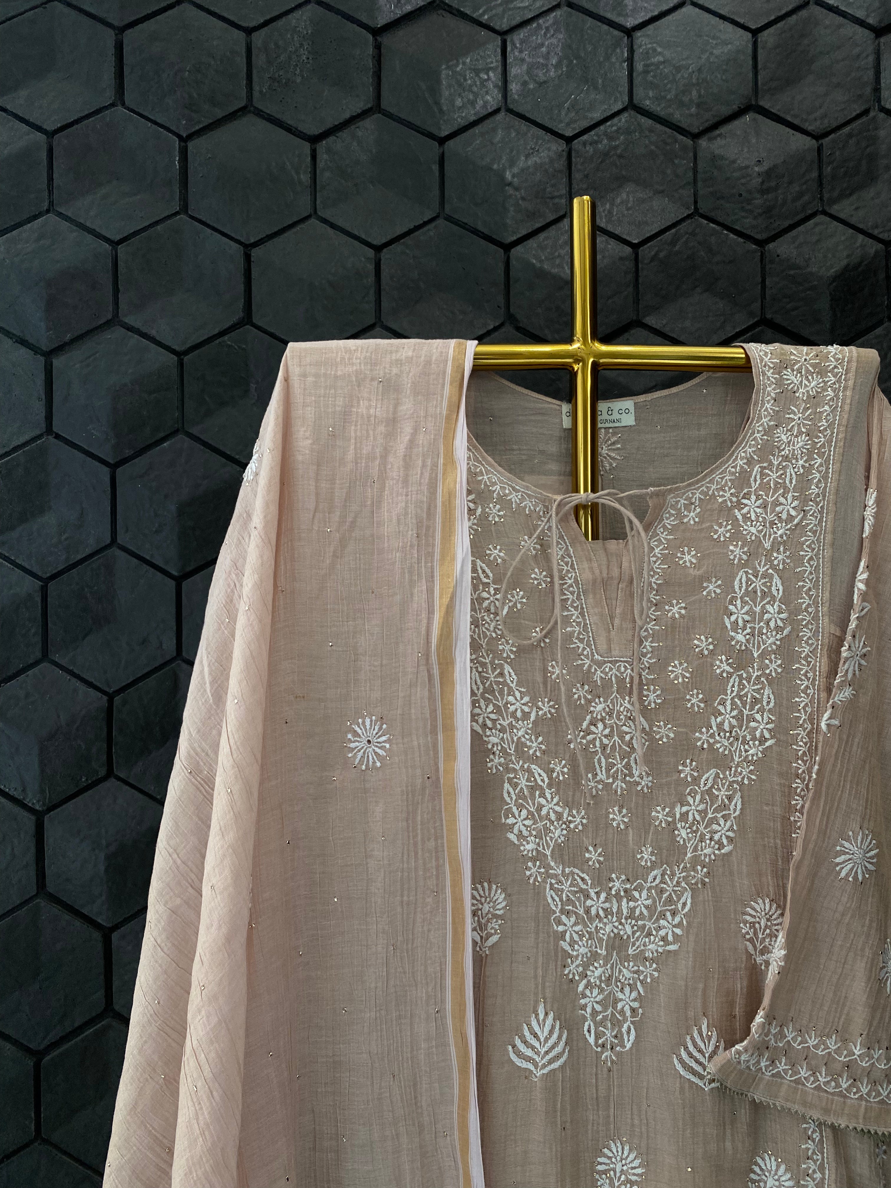 Pink Golden Tissue Chikankari Kurta Set