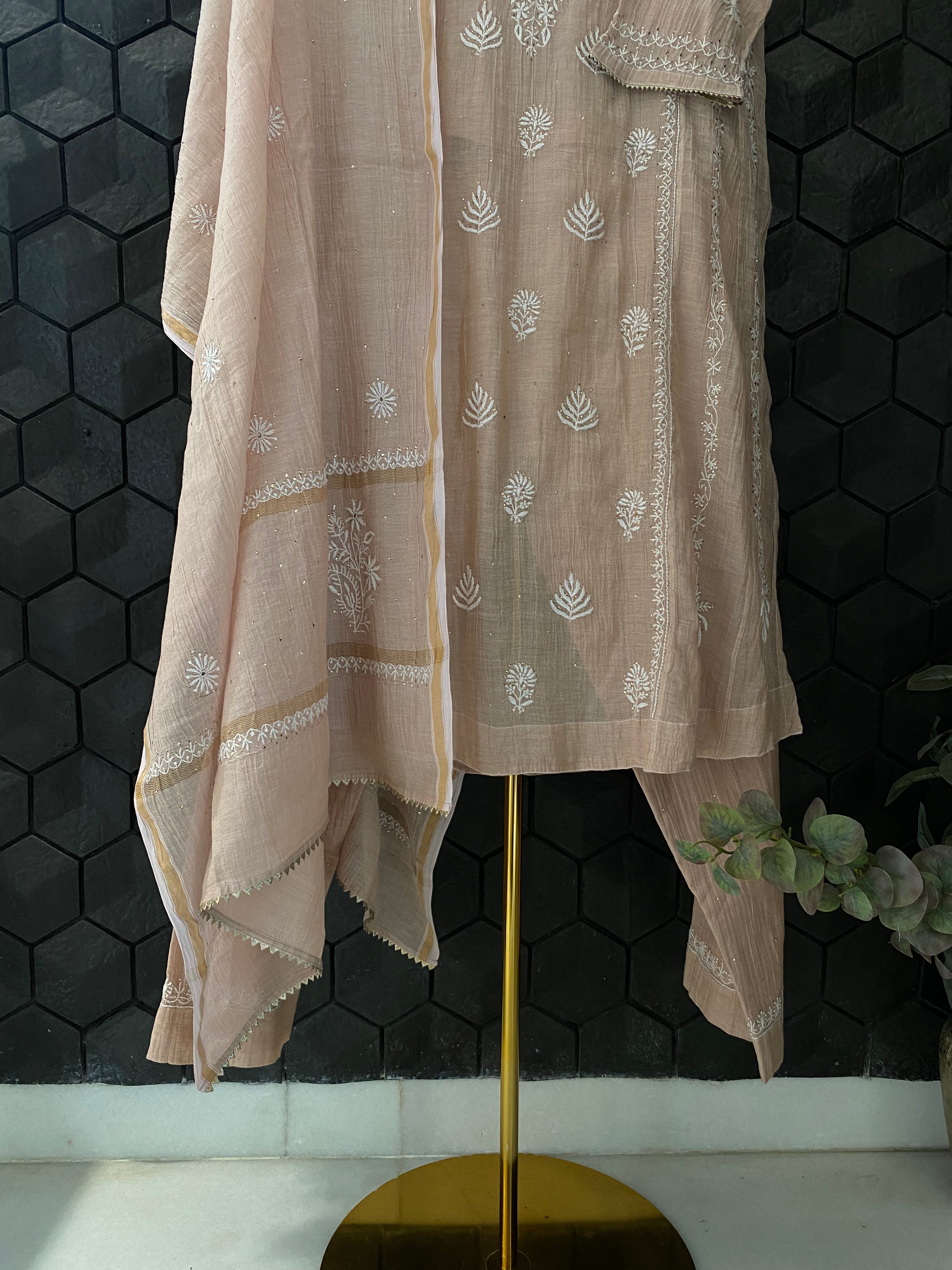 Pink Golden Tissue Chikankari Kurta Set