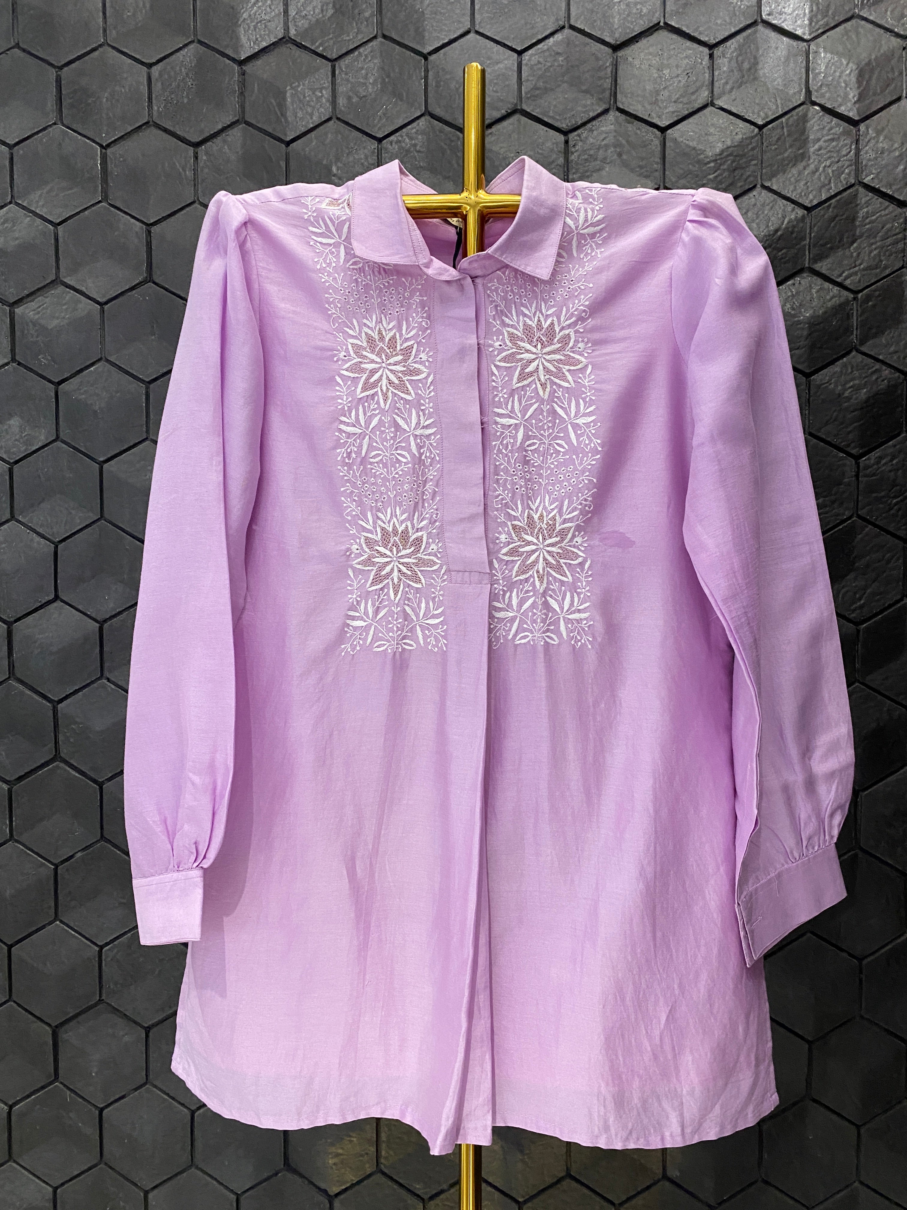 Lilac Chanderi  Chikankari Collar Shirt