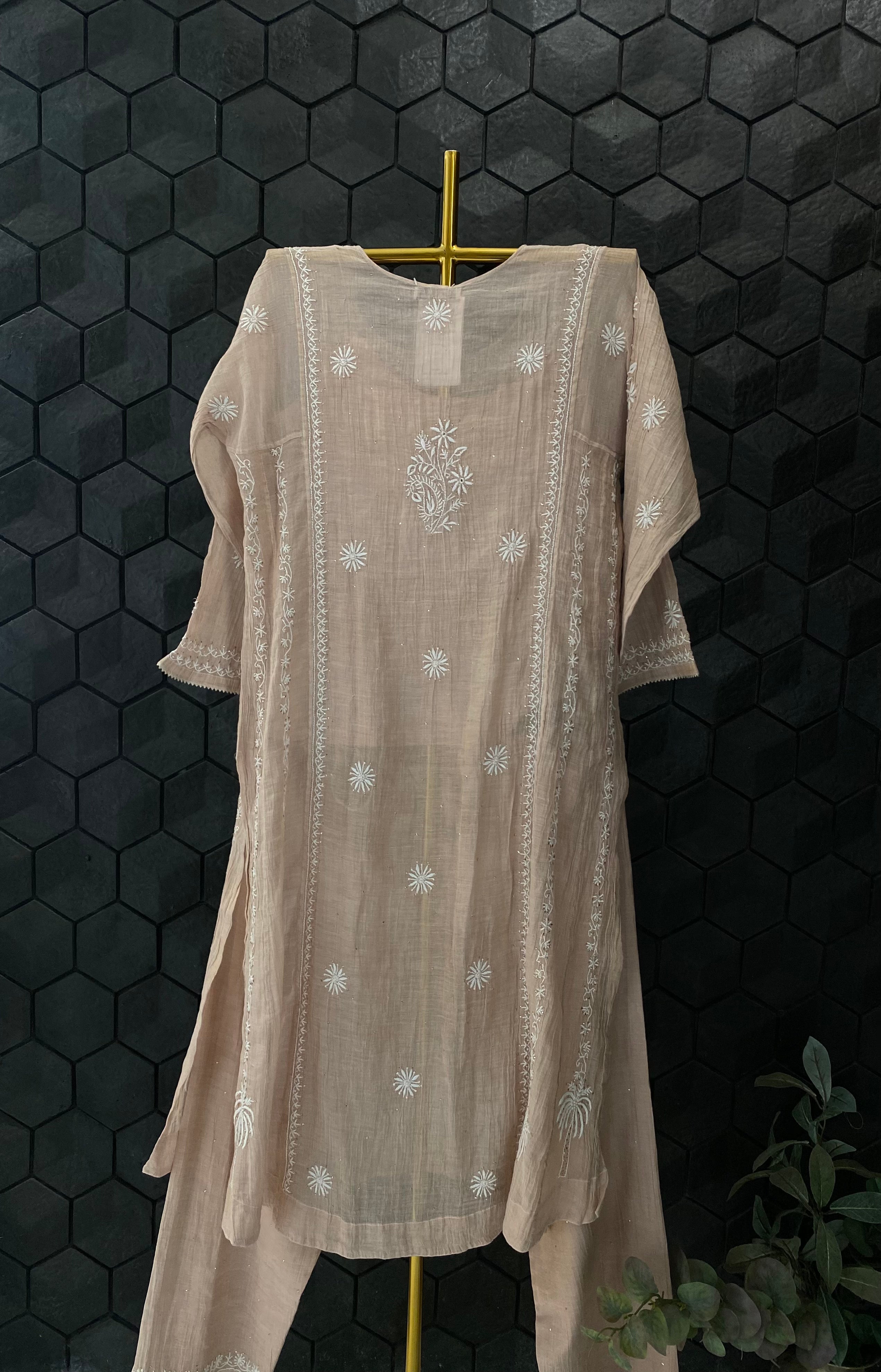 Pink Golden Tissue Chikankari Kurta Set