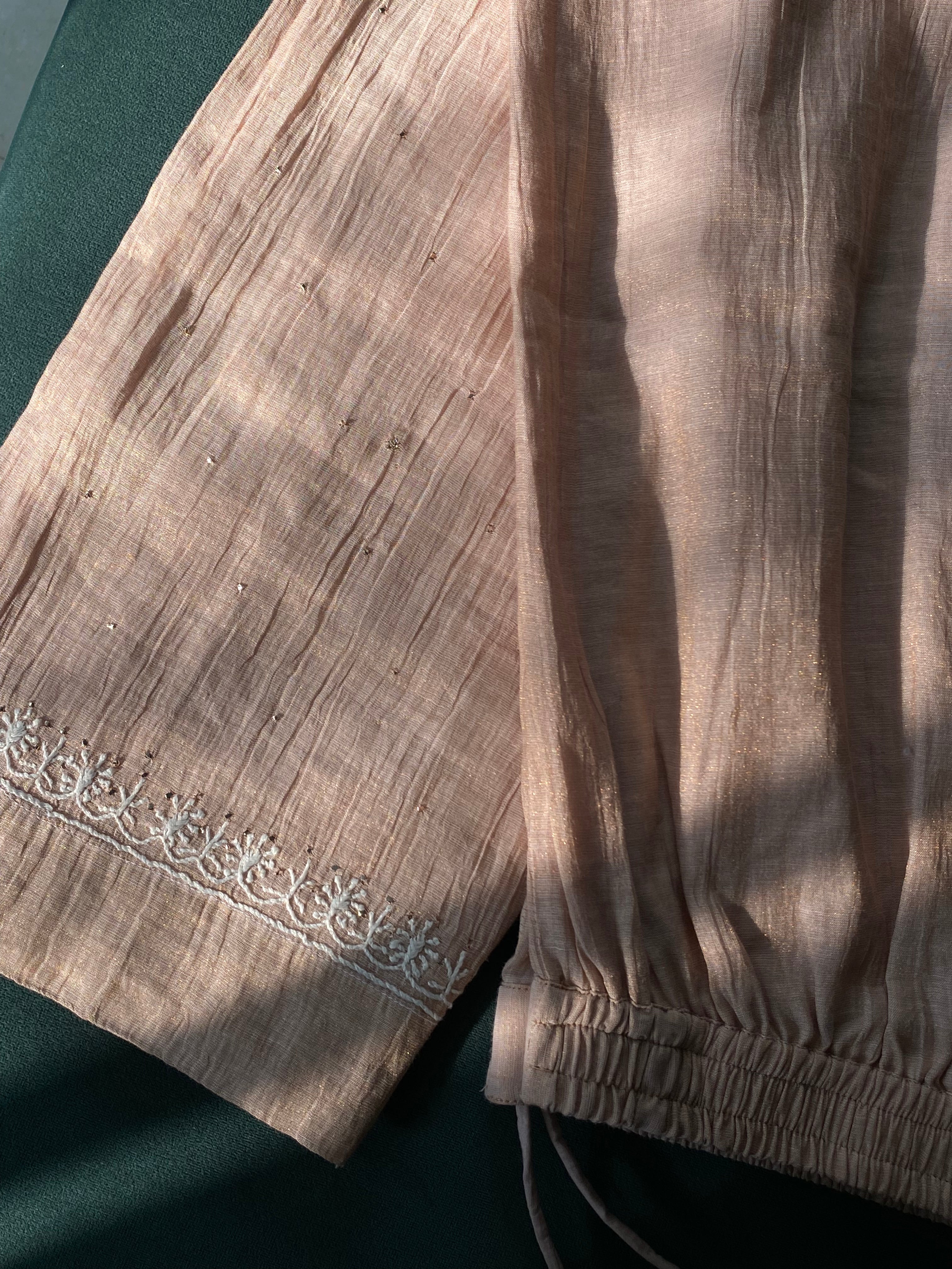 Pink Golden Tissue Chikankari Kurta Set