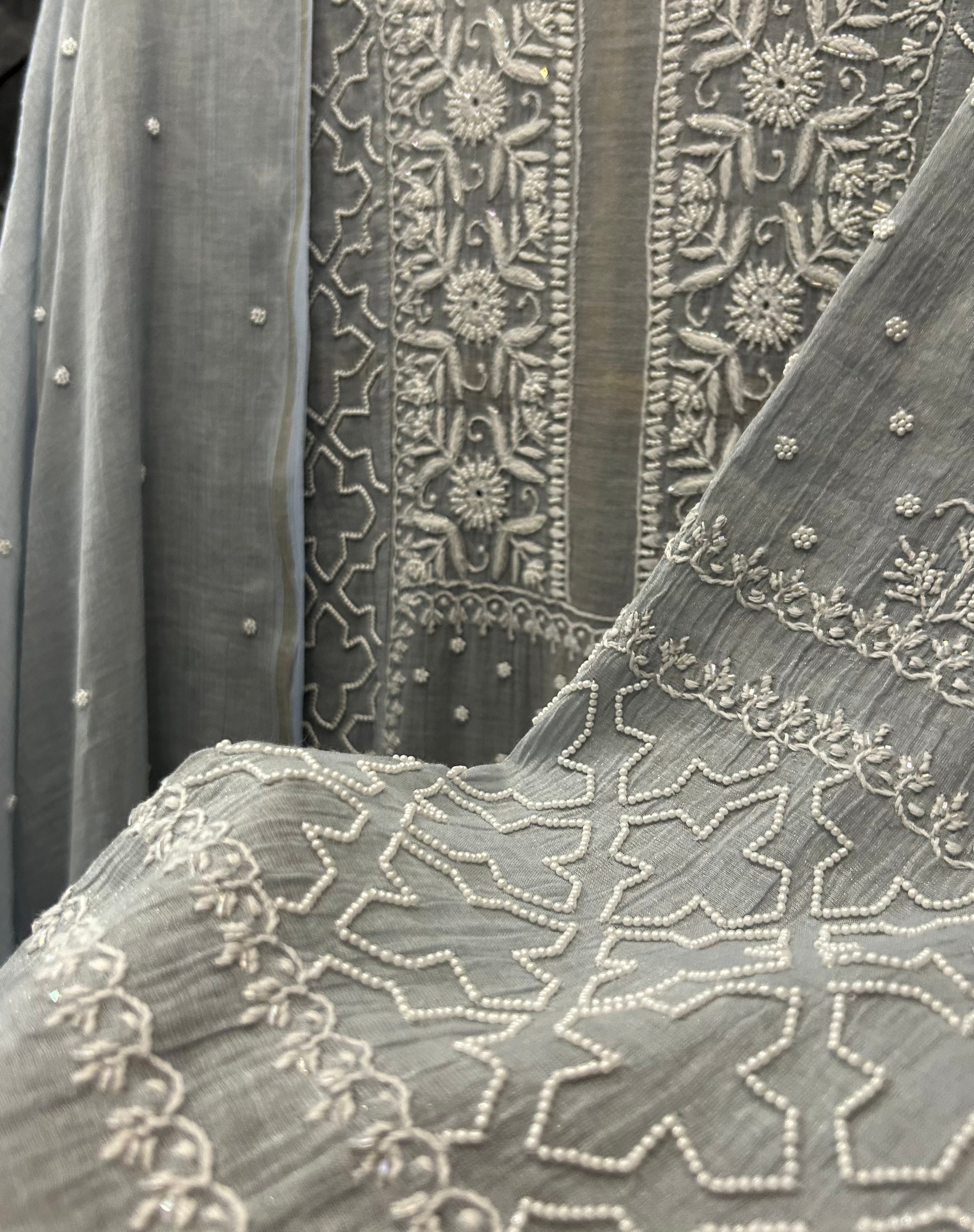 Grey Tissue Chikankari Anarkali Set