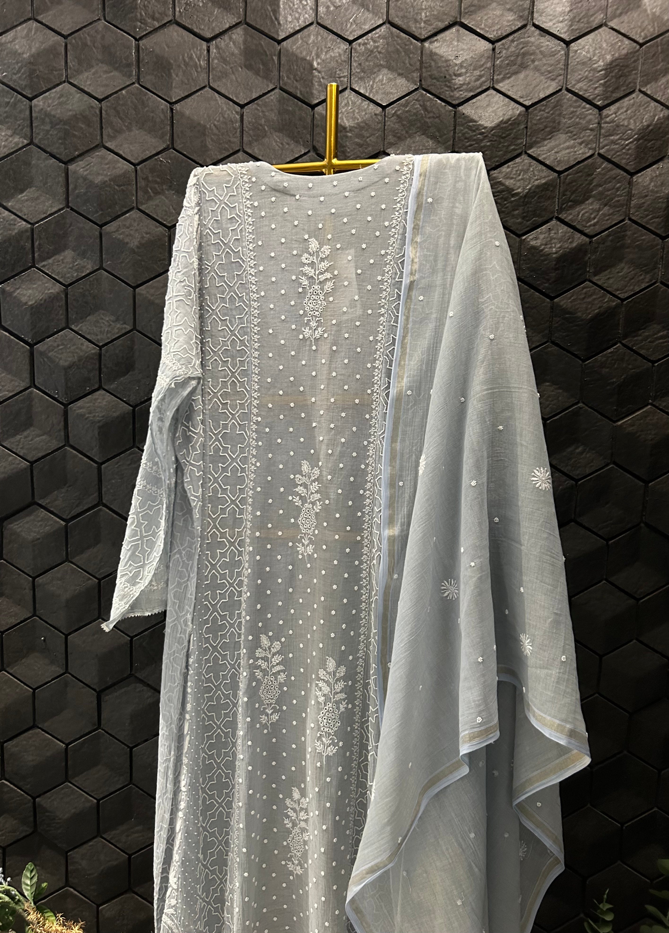 Grey Tissue Chikankari Anarkali Set