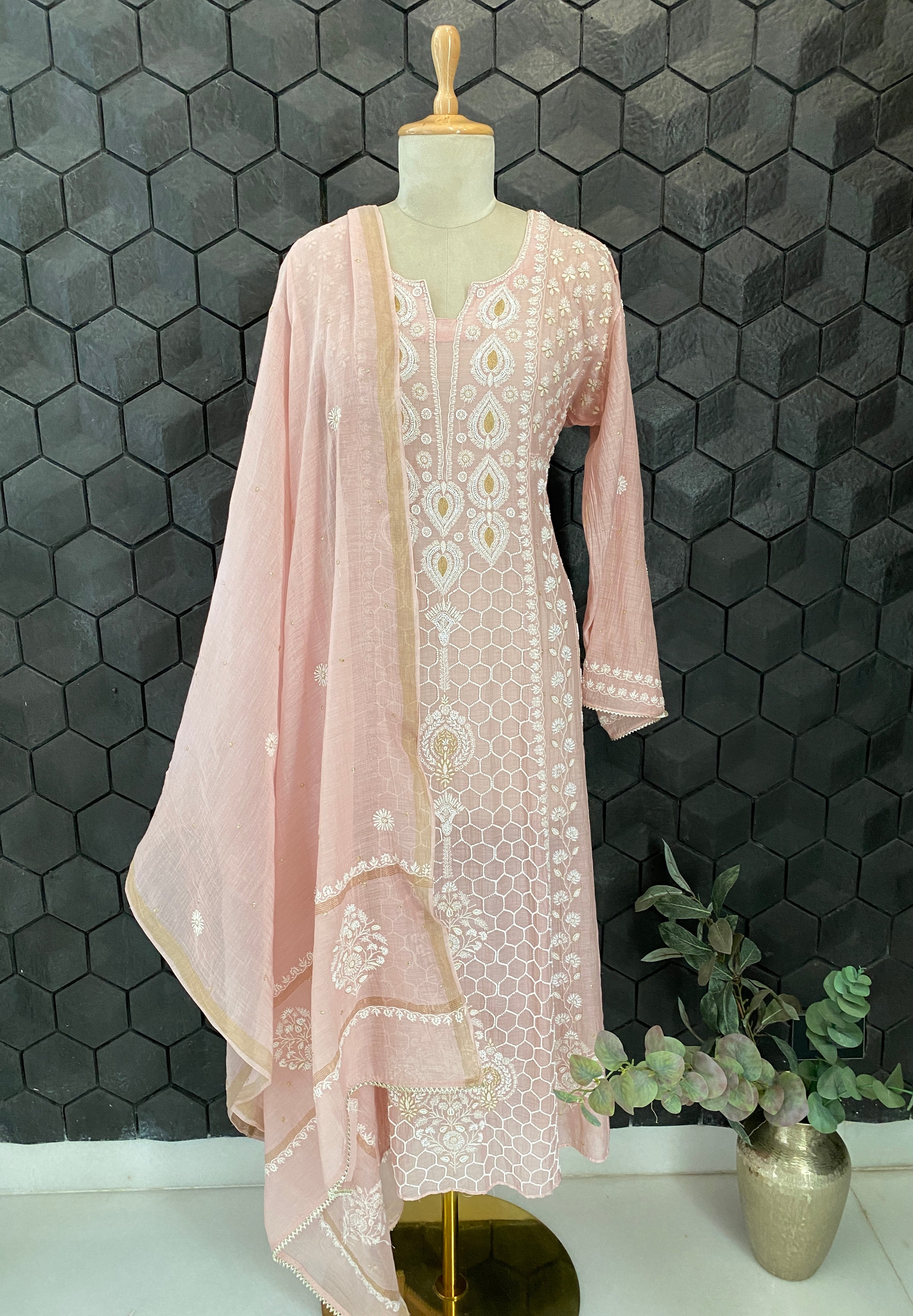 Pink Mul Chanderi Chikankari Anarkali Set