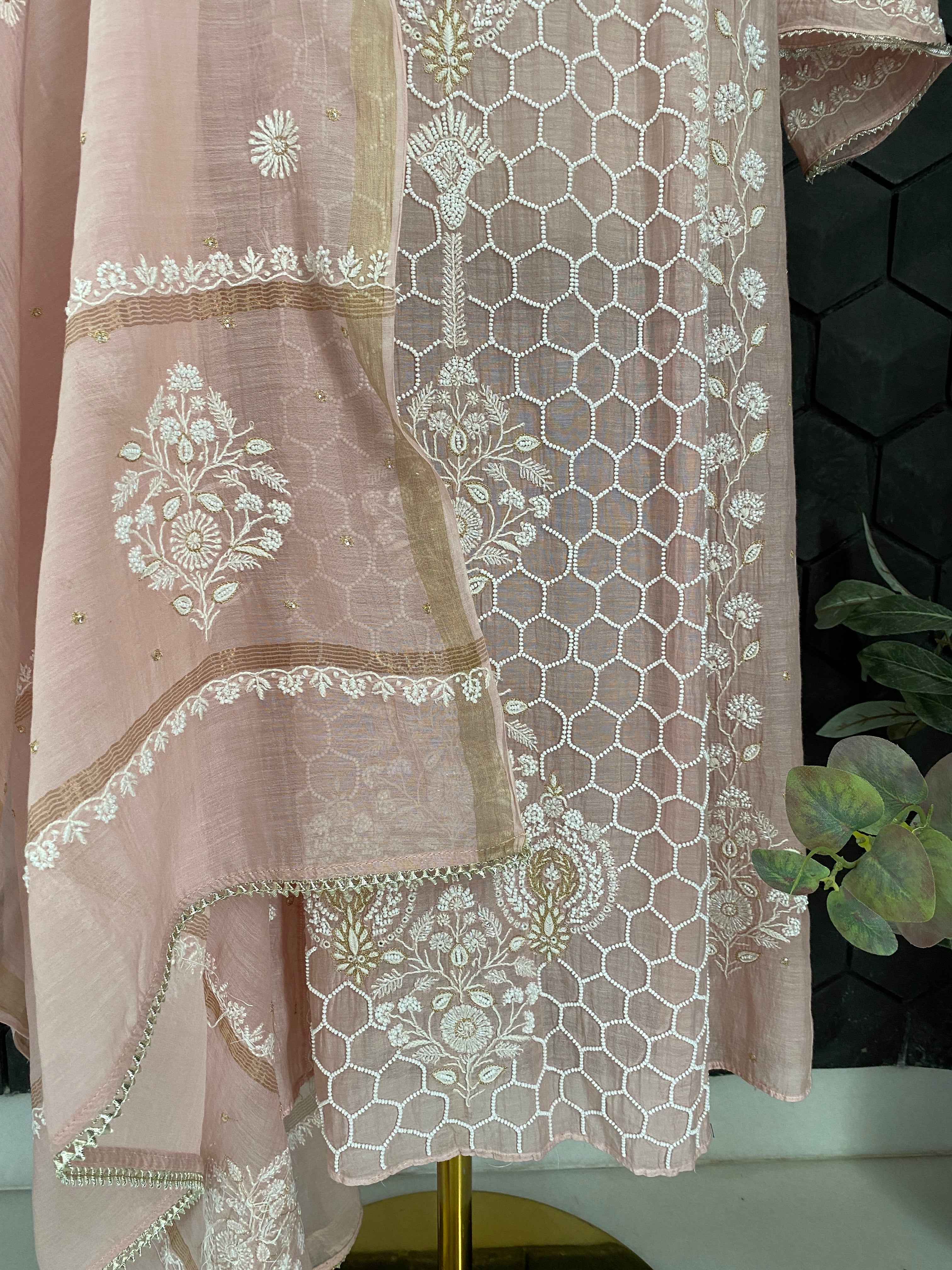 Pink Mul Chanderi Chikankari Anarkali Set