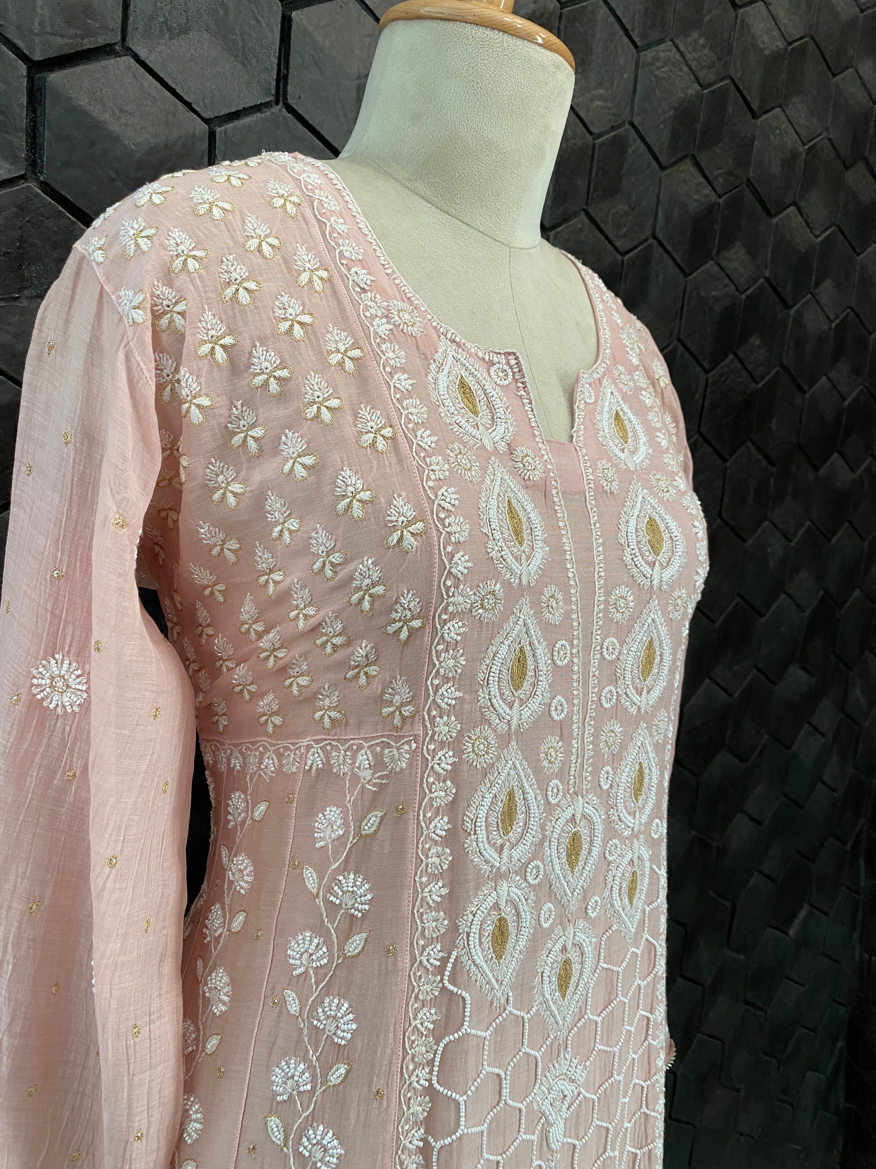 Pink Mul Chanderi Chikankari Anarkali Set