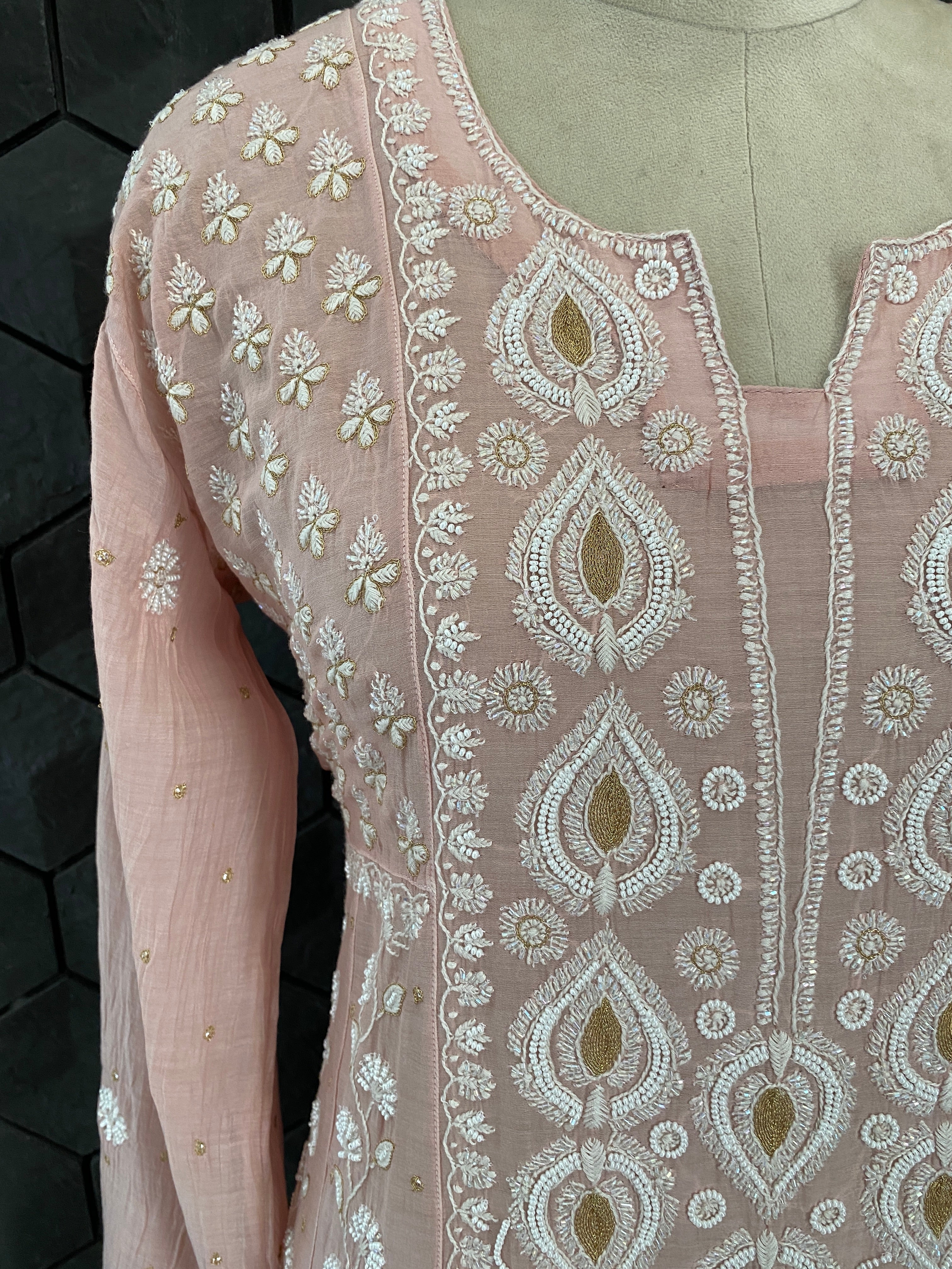 Pink Mul Chanderi Chikankari Anarkali Set