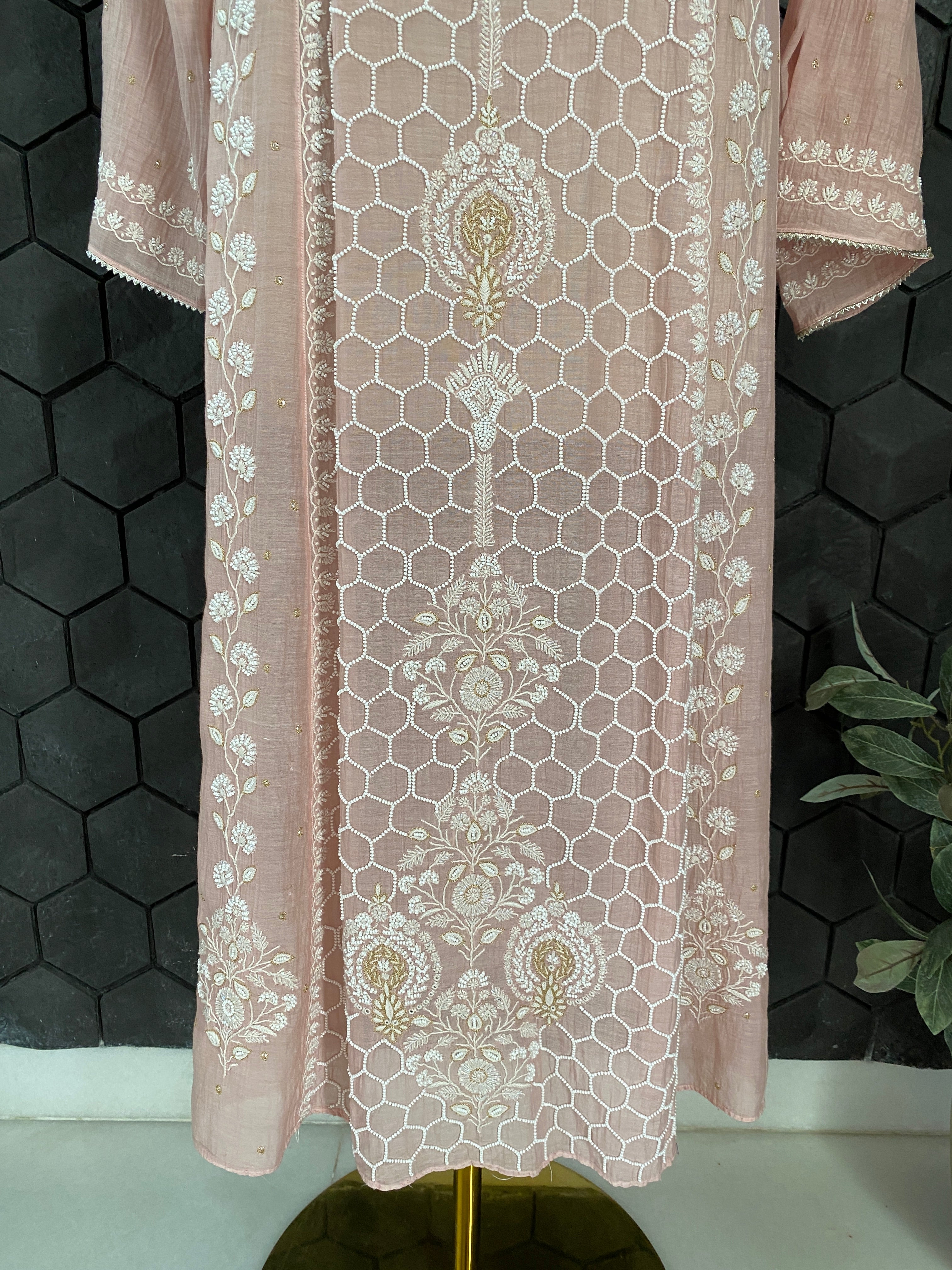 Pink Mul Chanderi Chikankari Anarkali Set