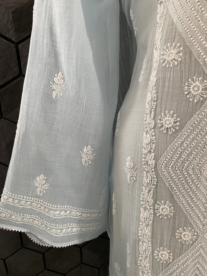 Sky Blue Mul Chanderi Chikankari Straight Kurta Set