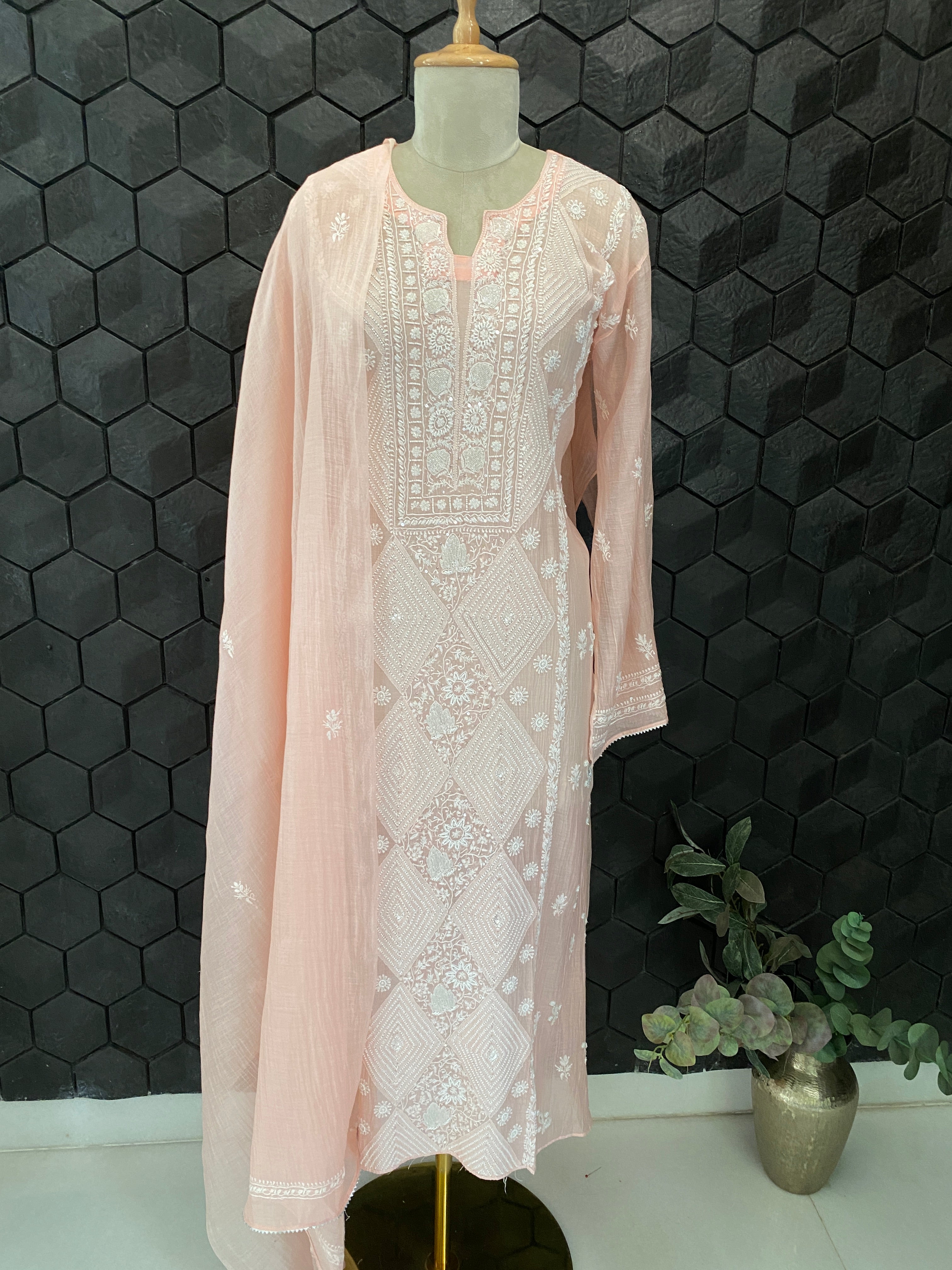 Peach Mul Chanderi Chikankari Straight Kurta Set