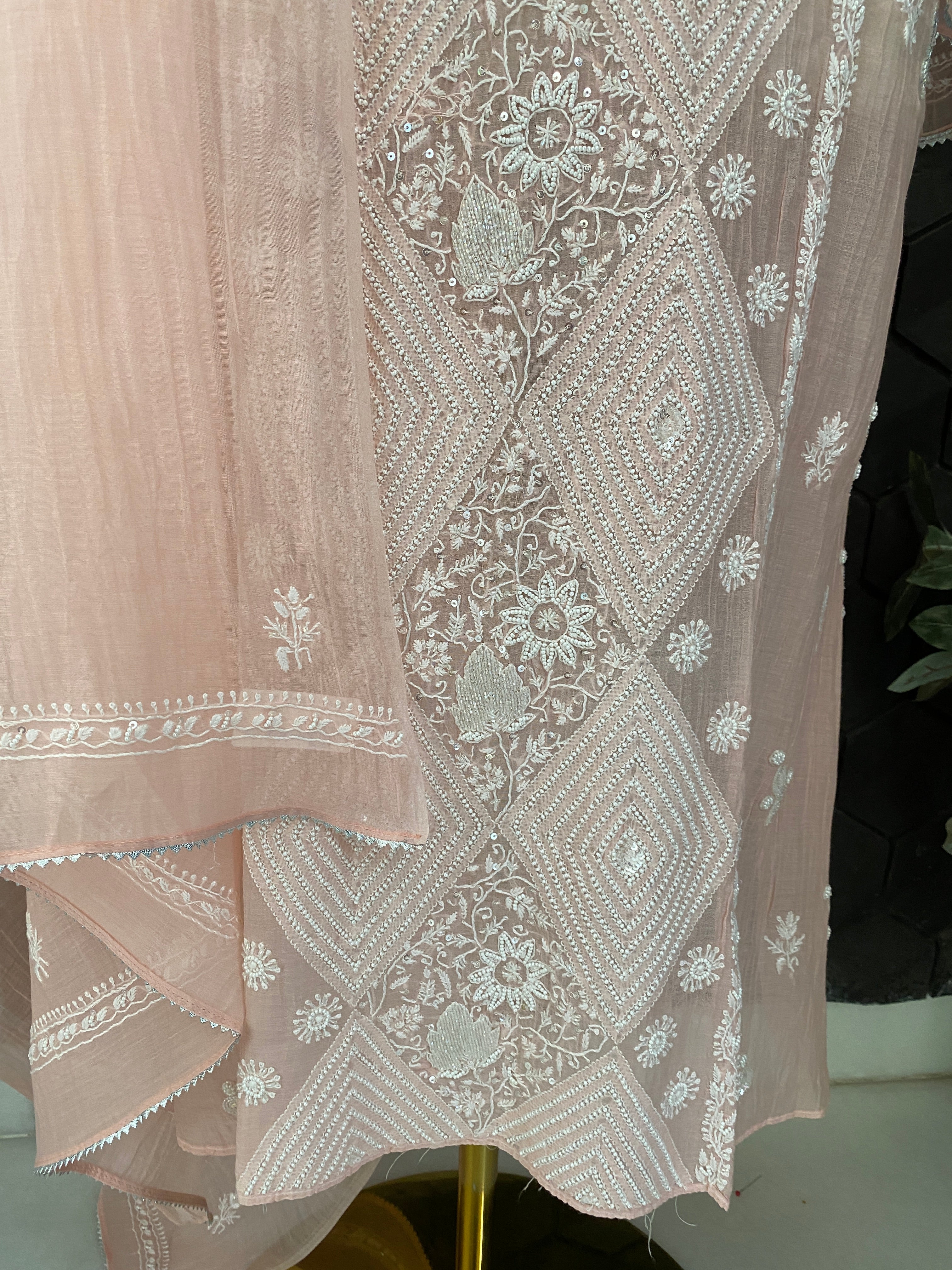 Peach Mul Chanderi Chikankari Straight Kurta Set