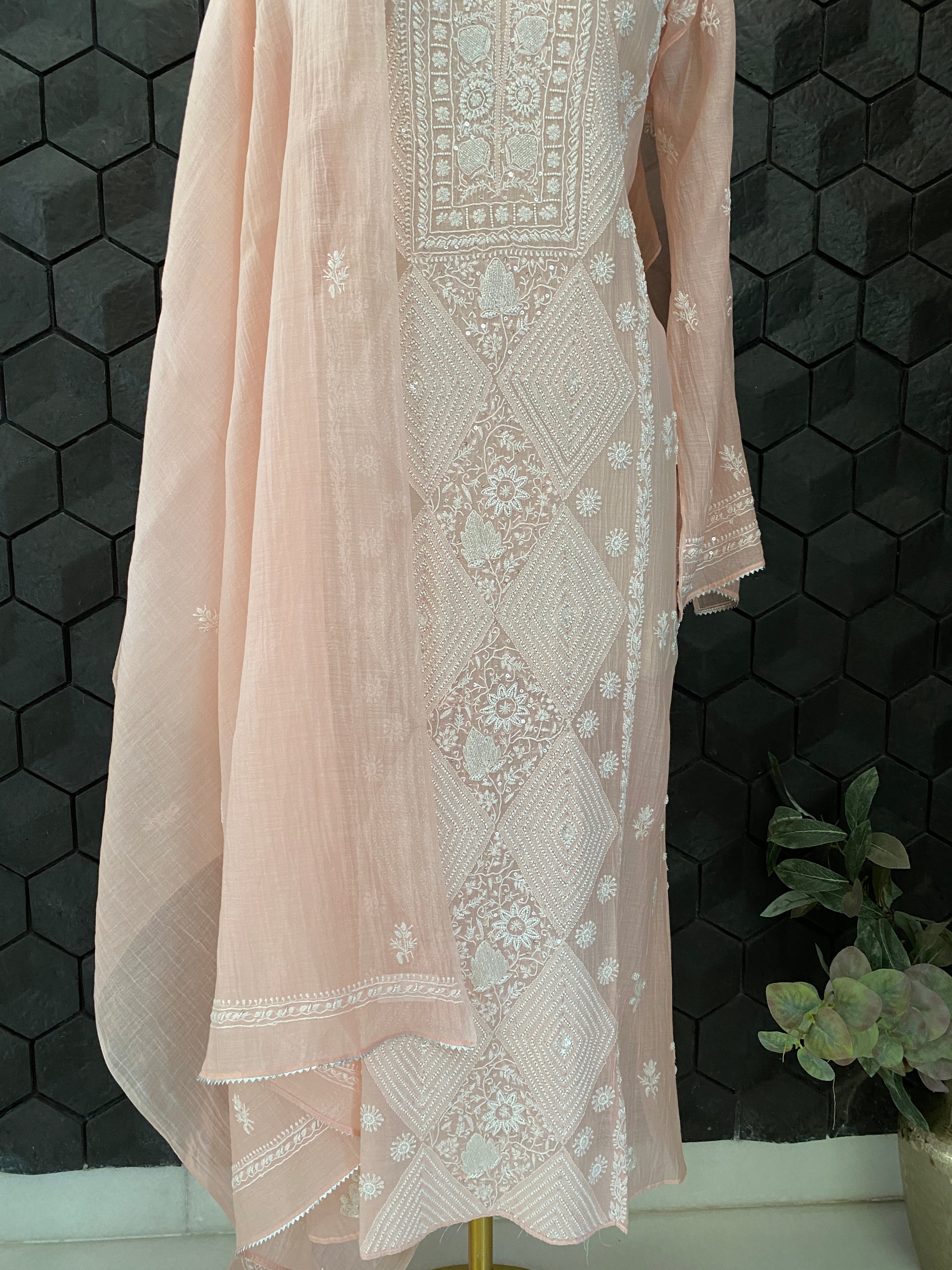 Peach Mul Chanderi Chikankari Straight Kurta Set