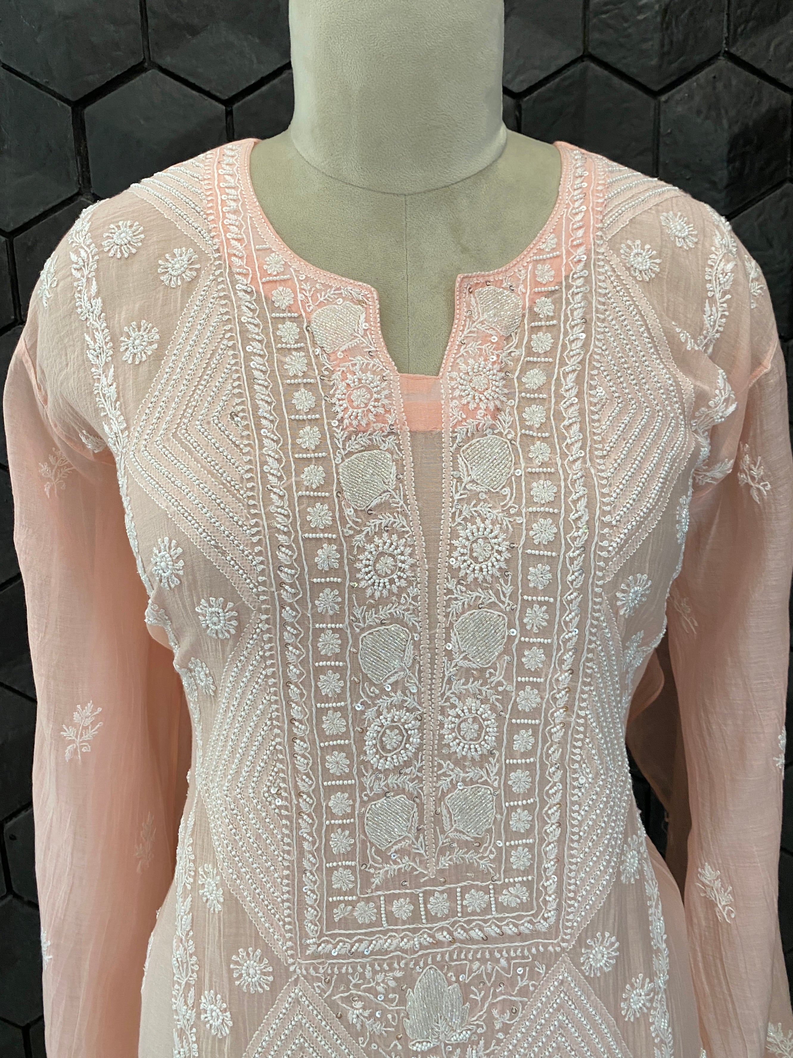 Peach Mul Chanderi Chikankari Straight Kurta Set