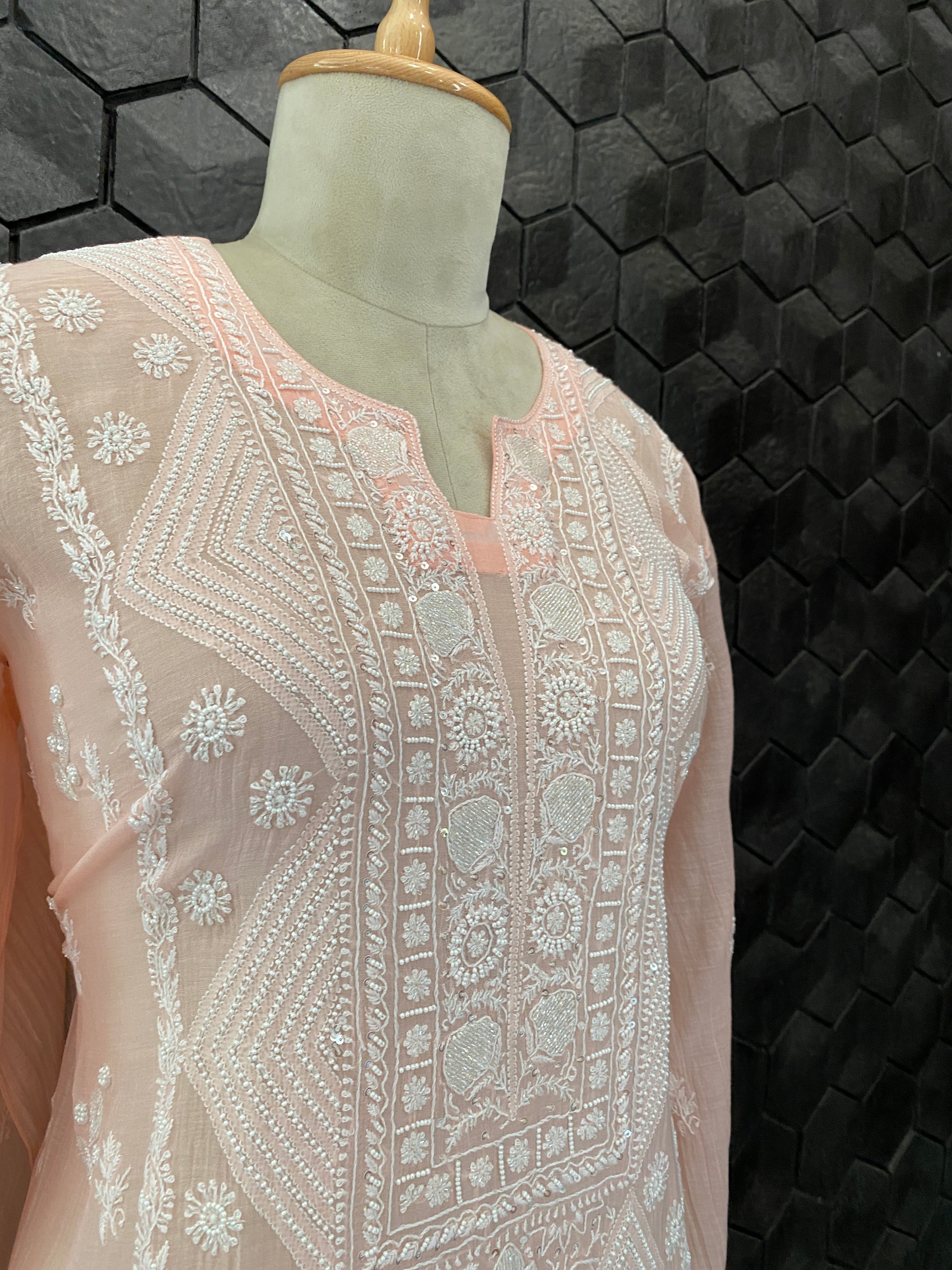 Peach Mul Chanderi Chikankari Straight Kurta Set