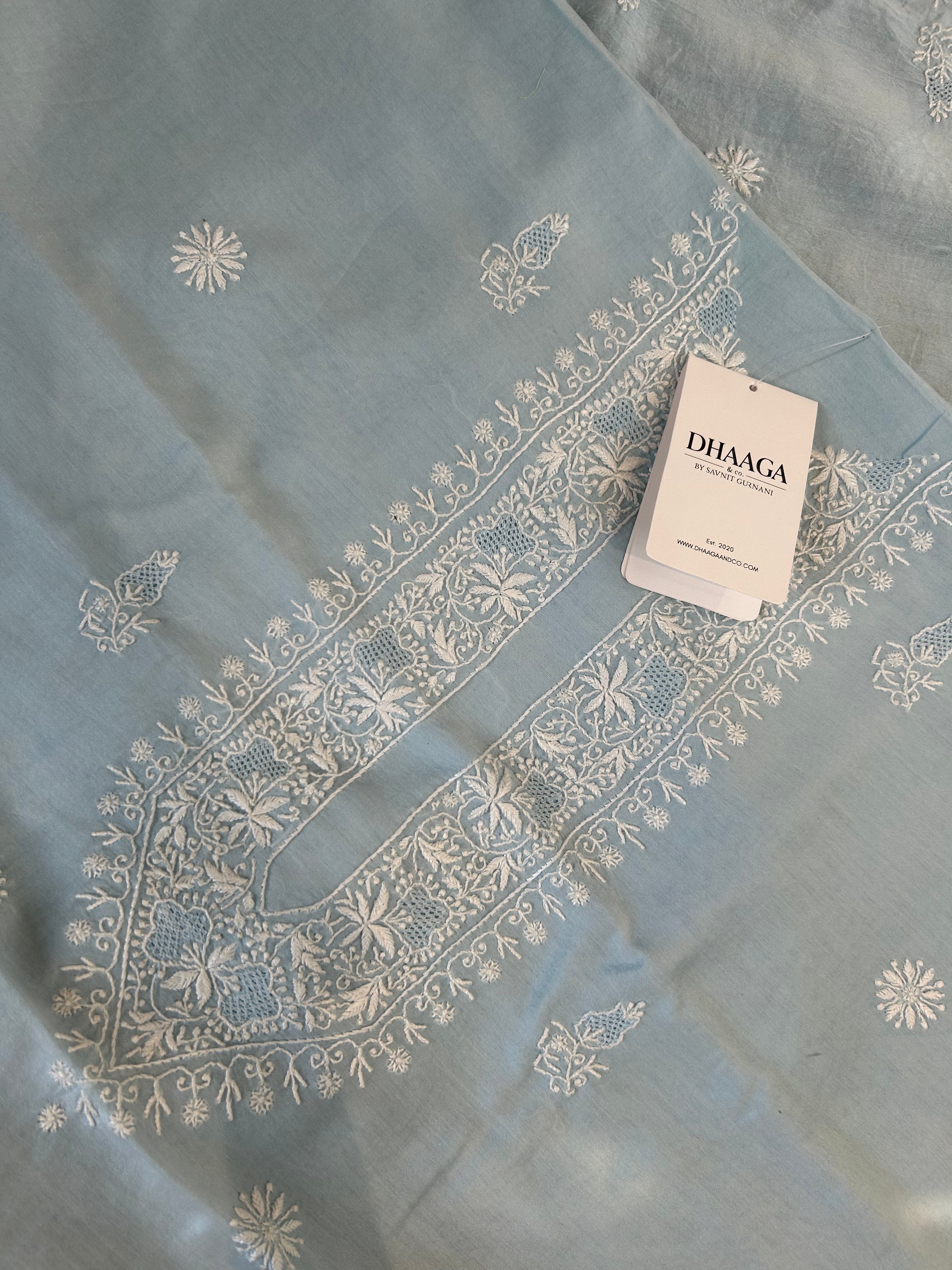 Sky Blue Mens Chanderi Chikankari Kurta