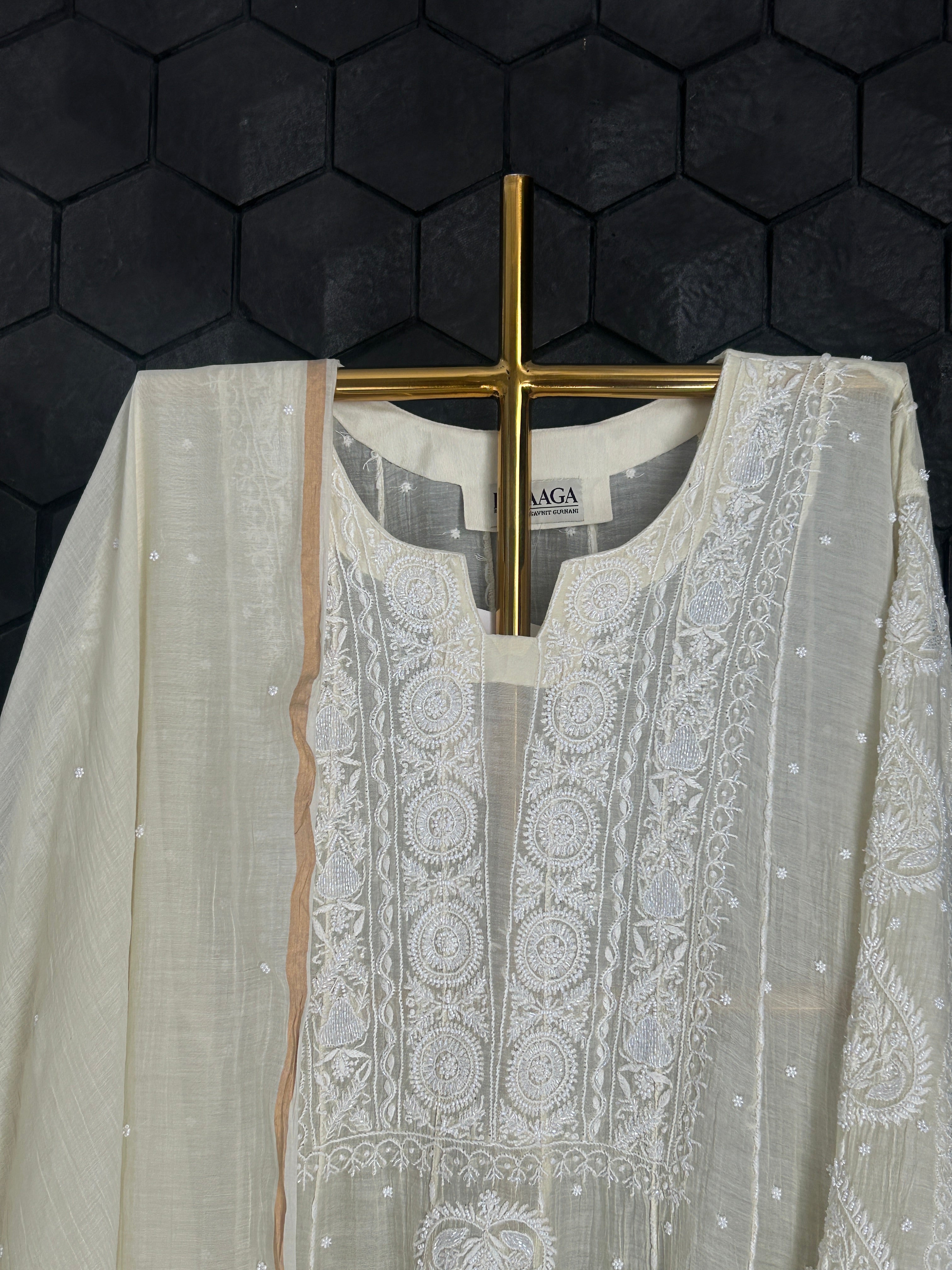 Yellow Mul Chanderi Chikankari Anarkali Set