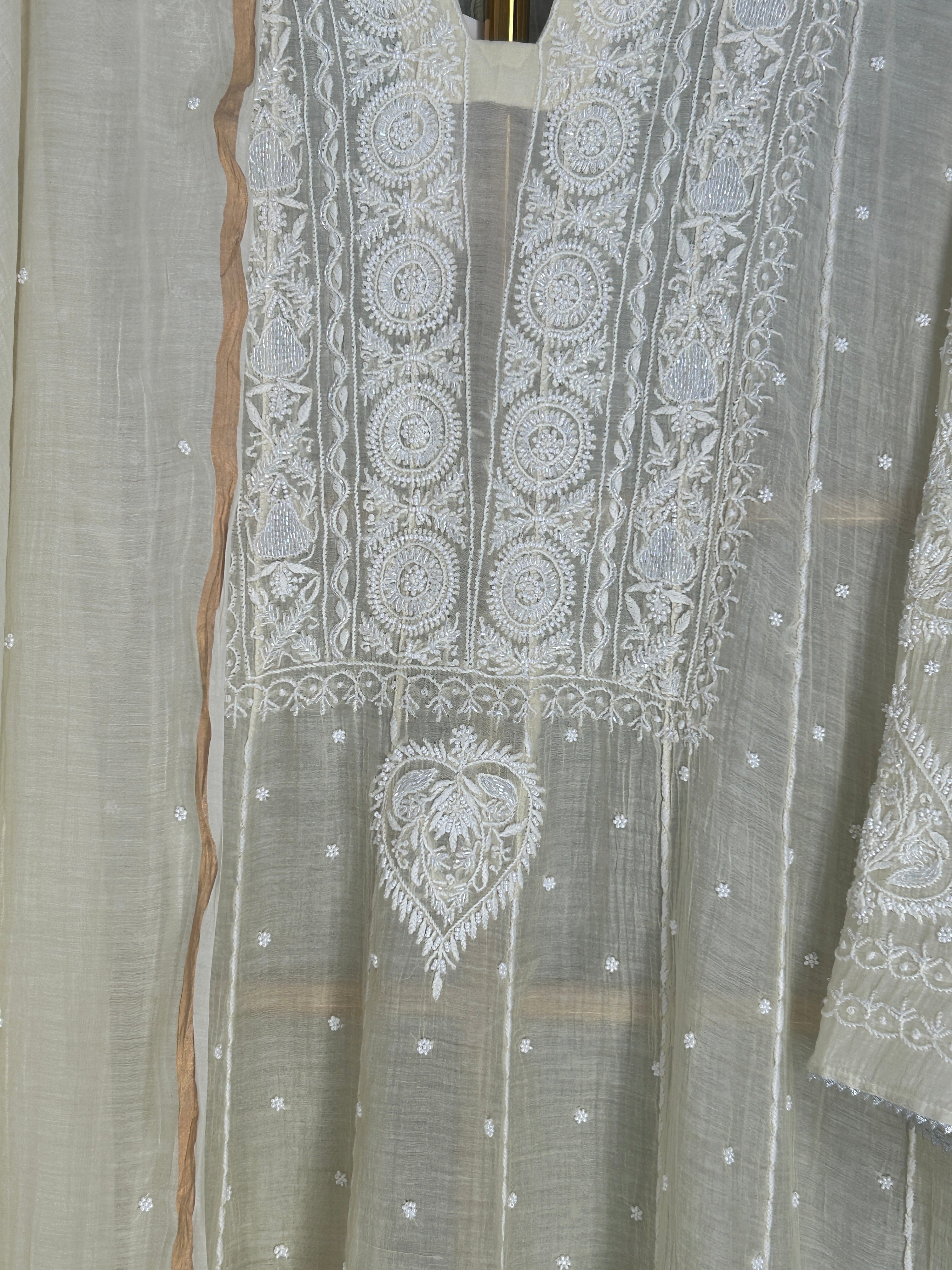Yellow Mul Chanderi Chikankari Anarkali Set