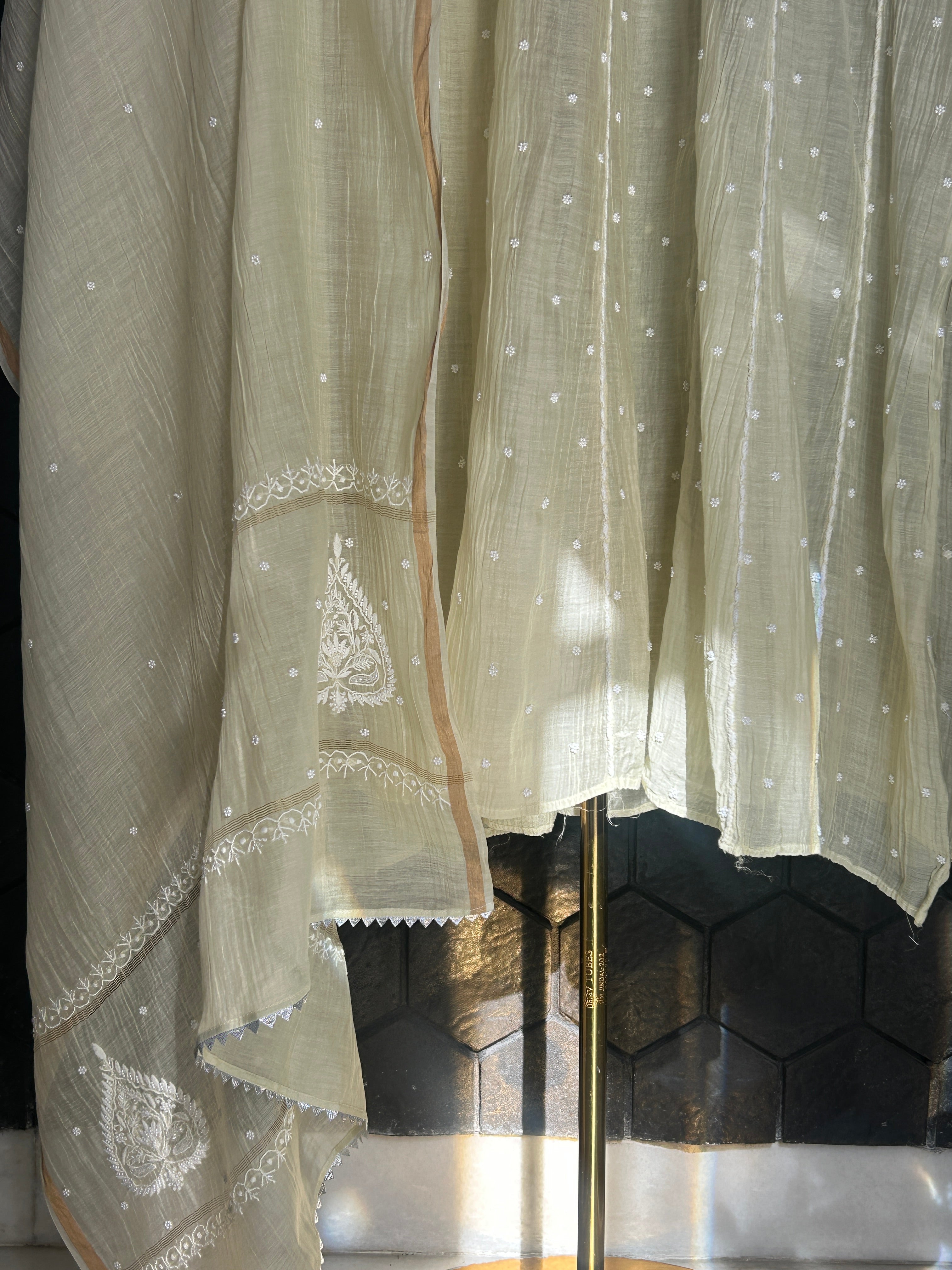 Yellow Mul Chanderi Chikankari Anarkali Set