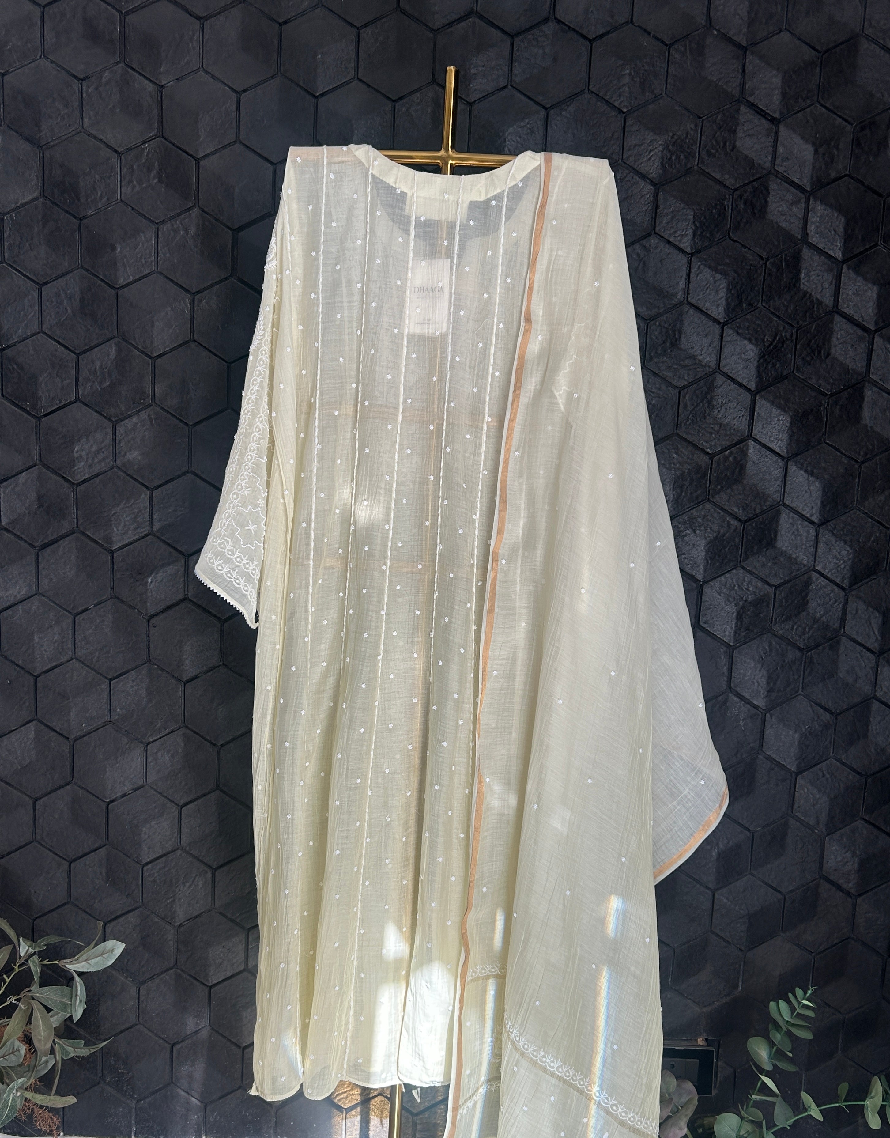 Yellow Mul Chanderi Chikankari Anarkali Set