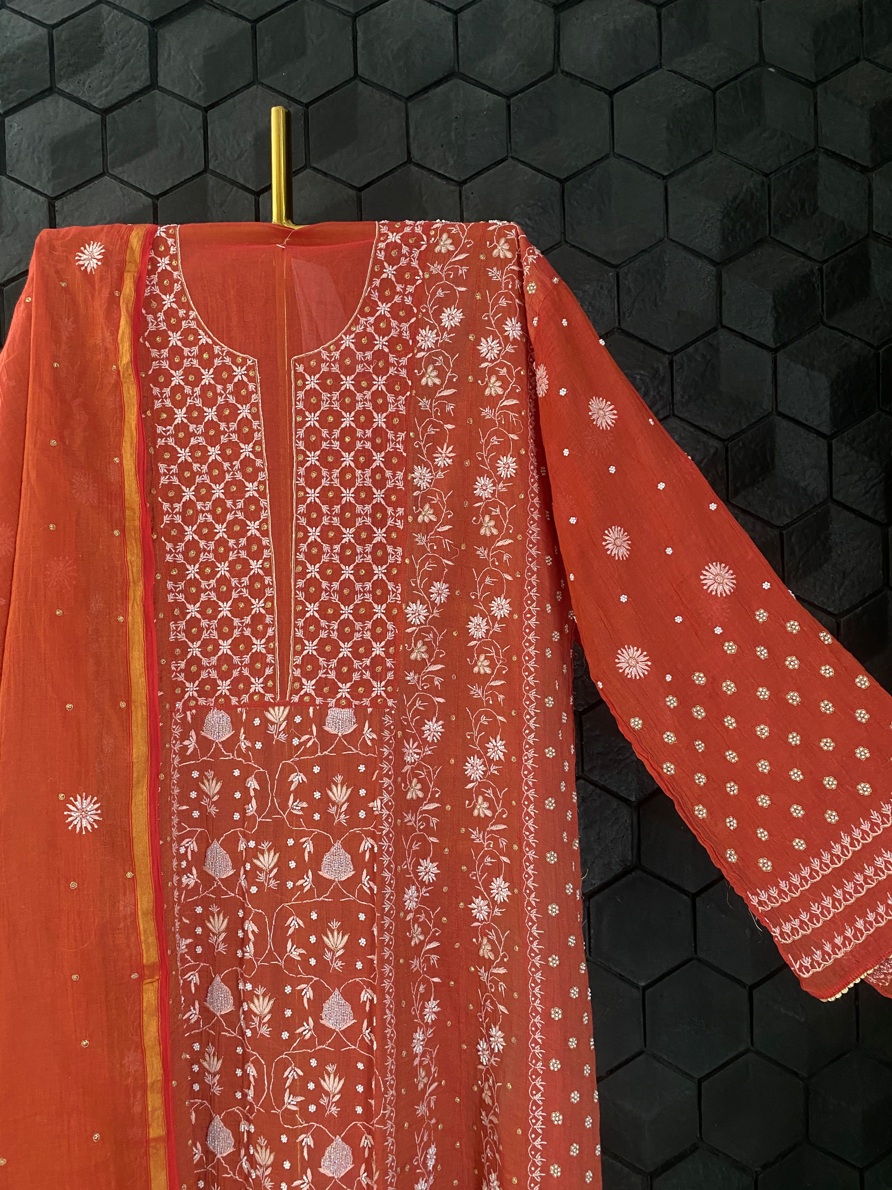 Red Tissue Chikankari Kurta Set