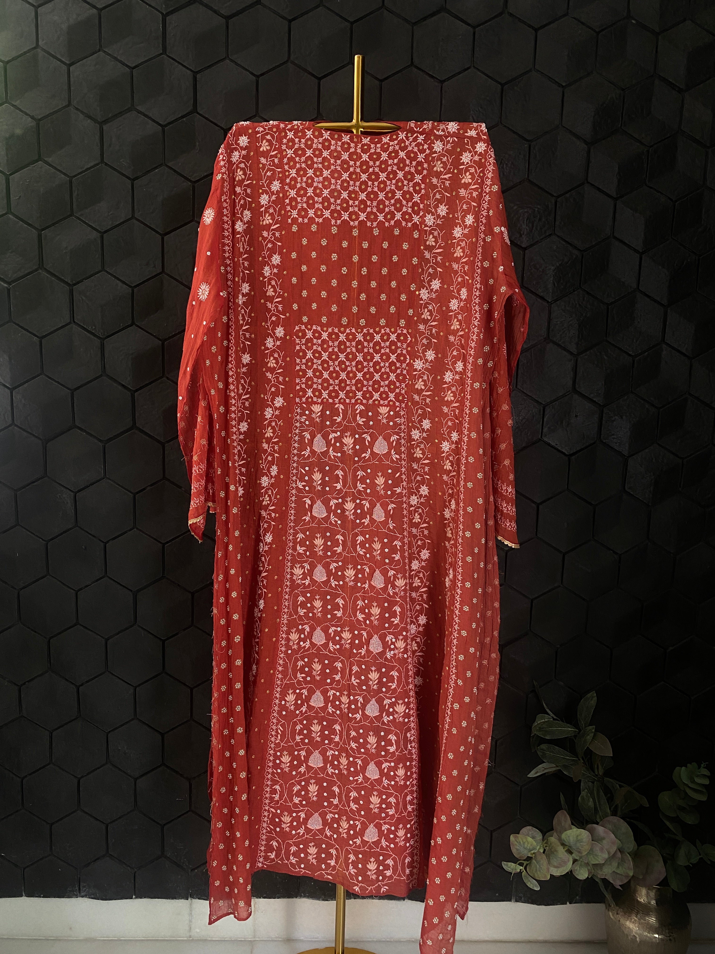 Red Tissue Chikankari Kurta Set