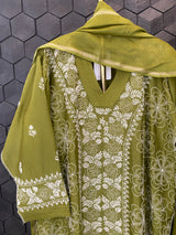 olive green chikankari kurta set