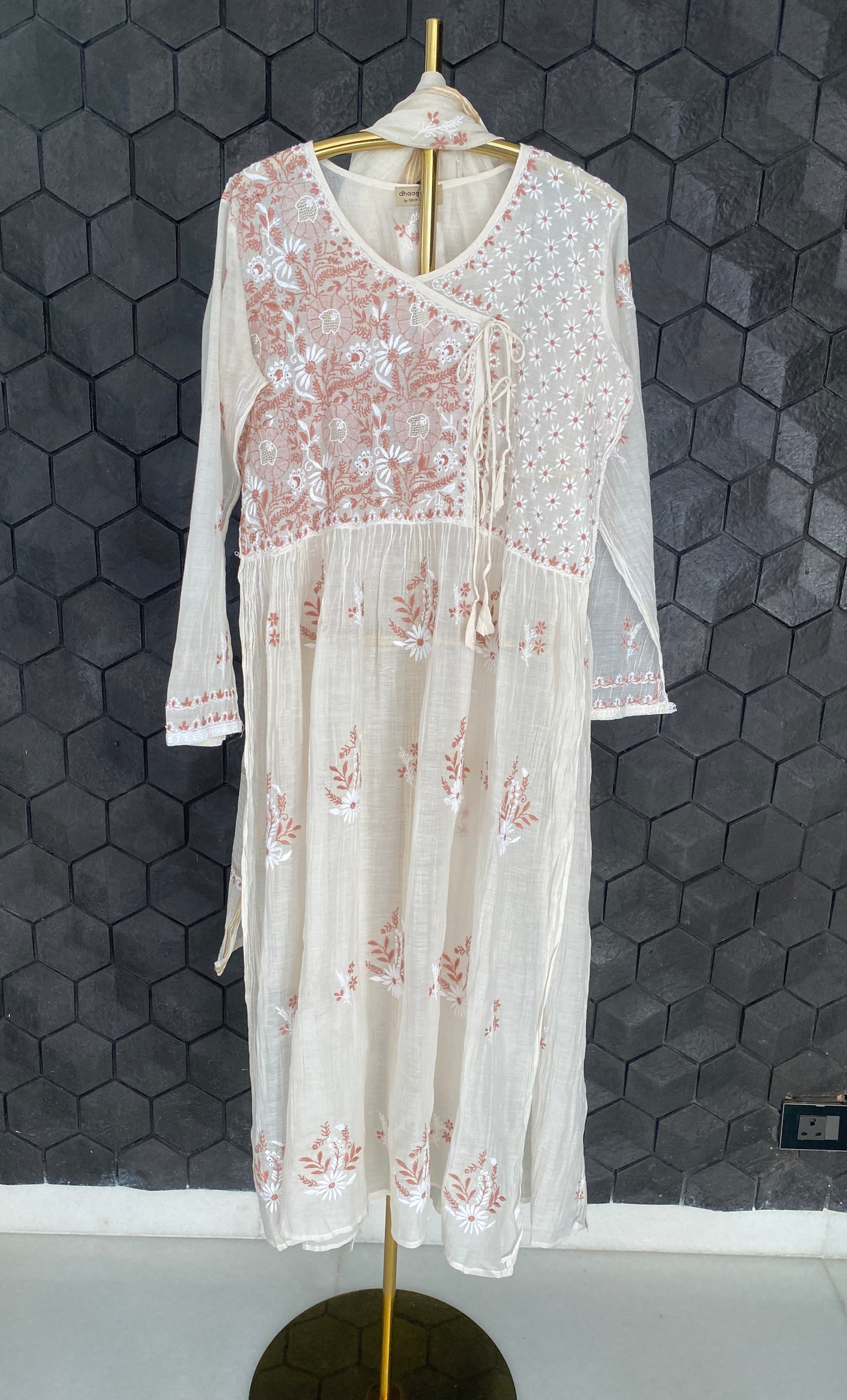 White chanderi chikankari Angarkha suit set