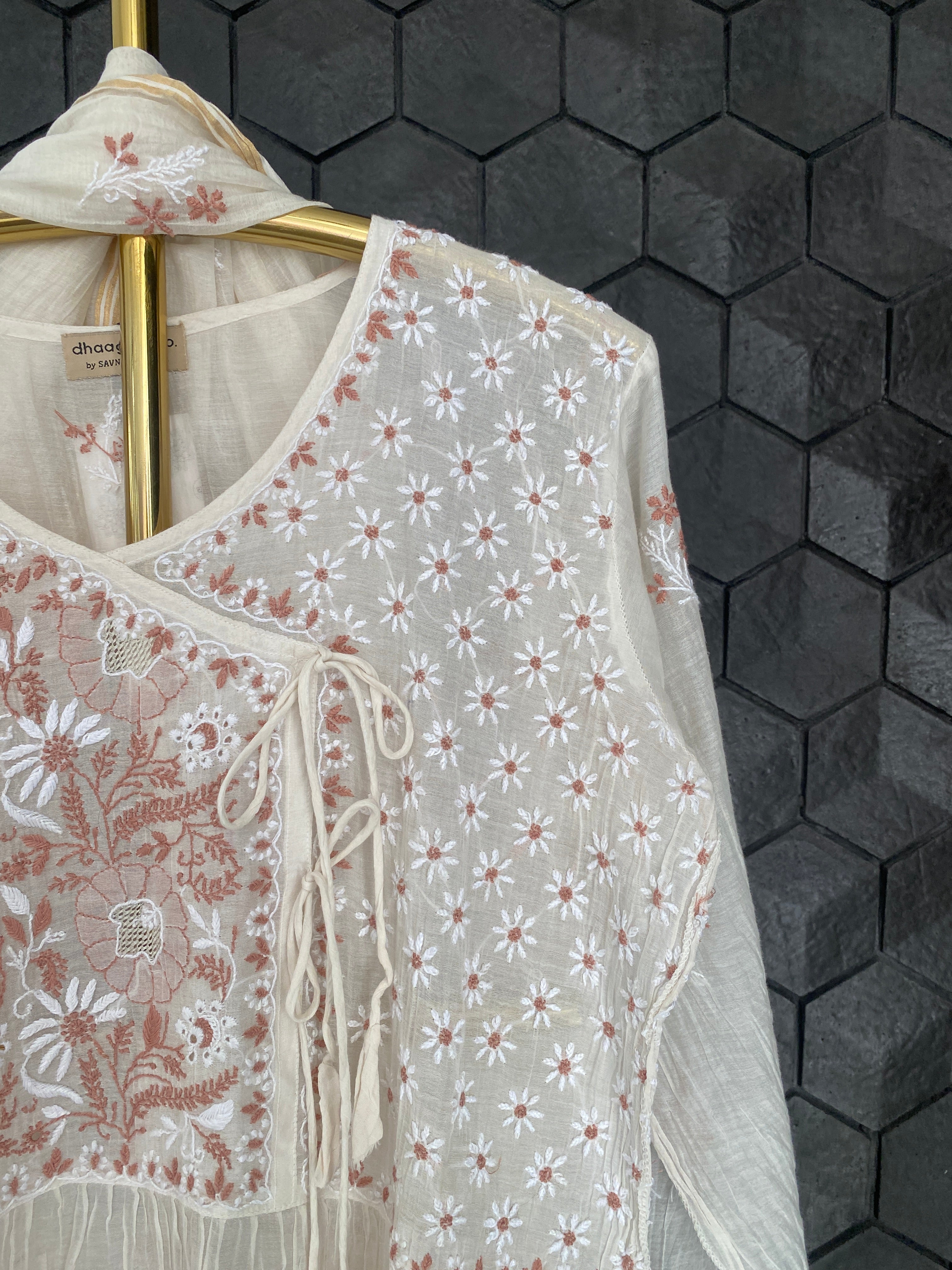 White chanderi chikankari Angarkha suit set