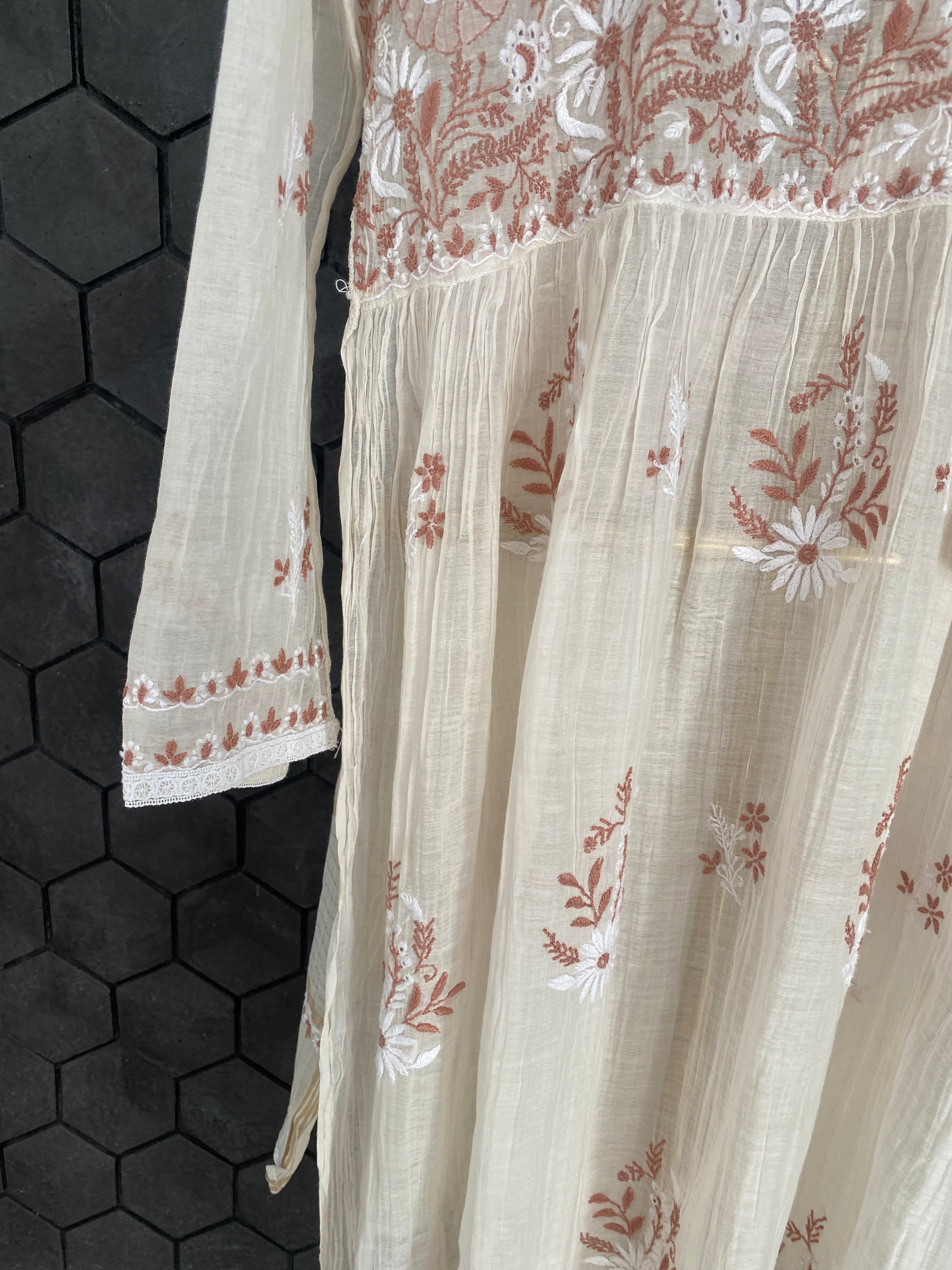 White chanderi chikankari Angarkha suit set