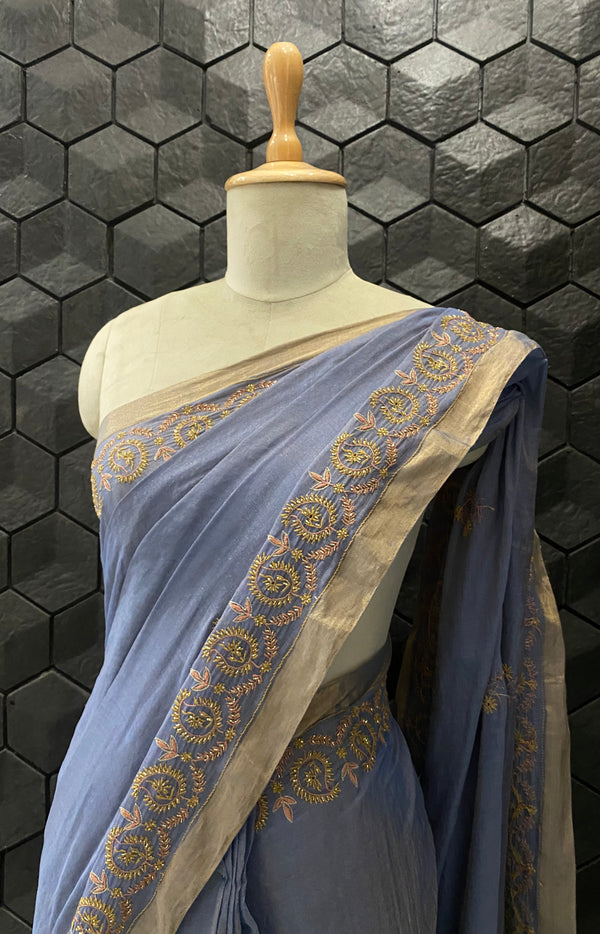Blue Tissue Chikankari Saree