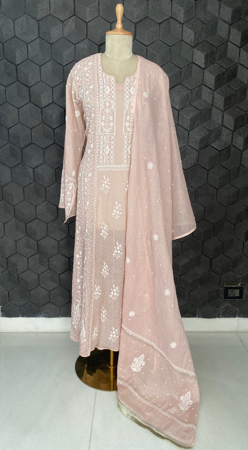 Blush pink silver tissue Anarkali suit set