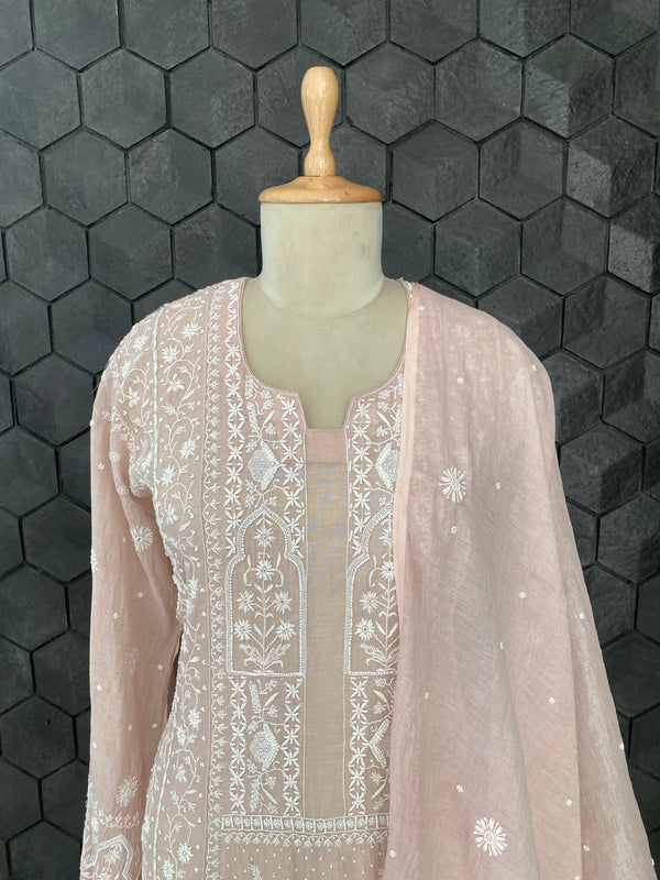Blush pink silver tissue Anarkali suit set