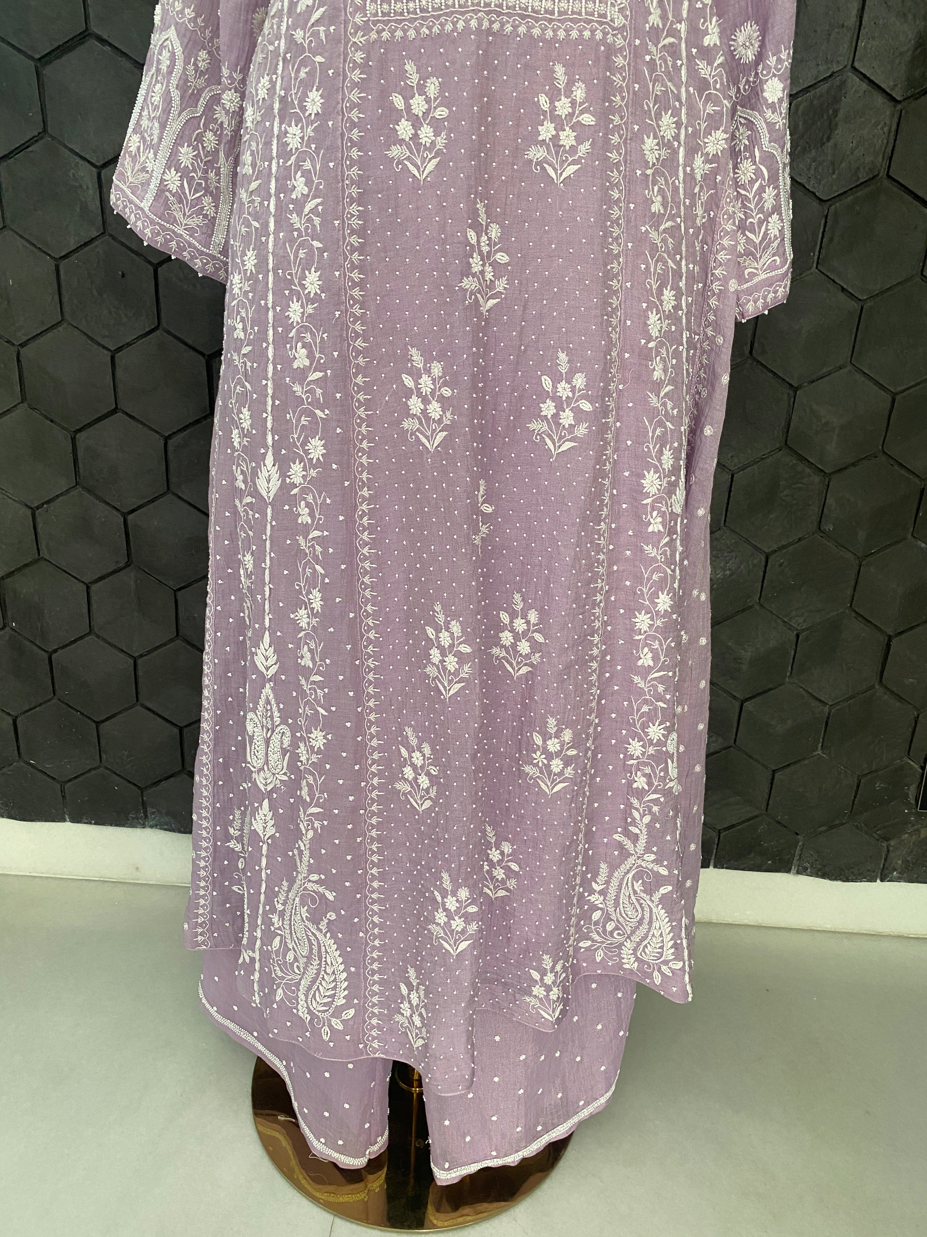 Lavender silver tissue chikankari anarkali set