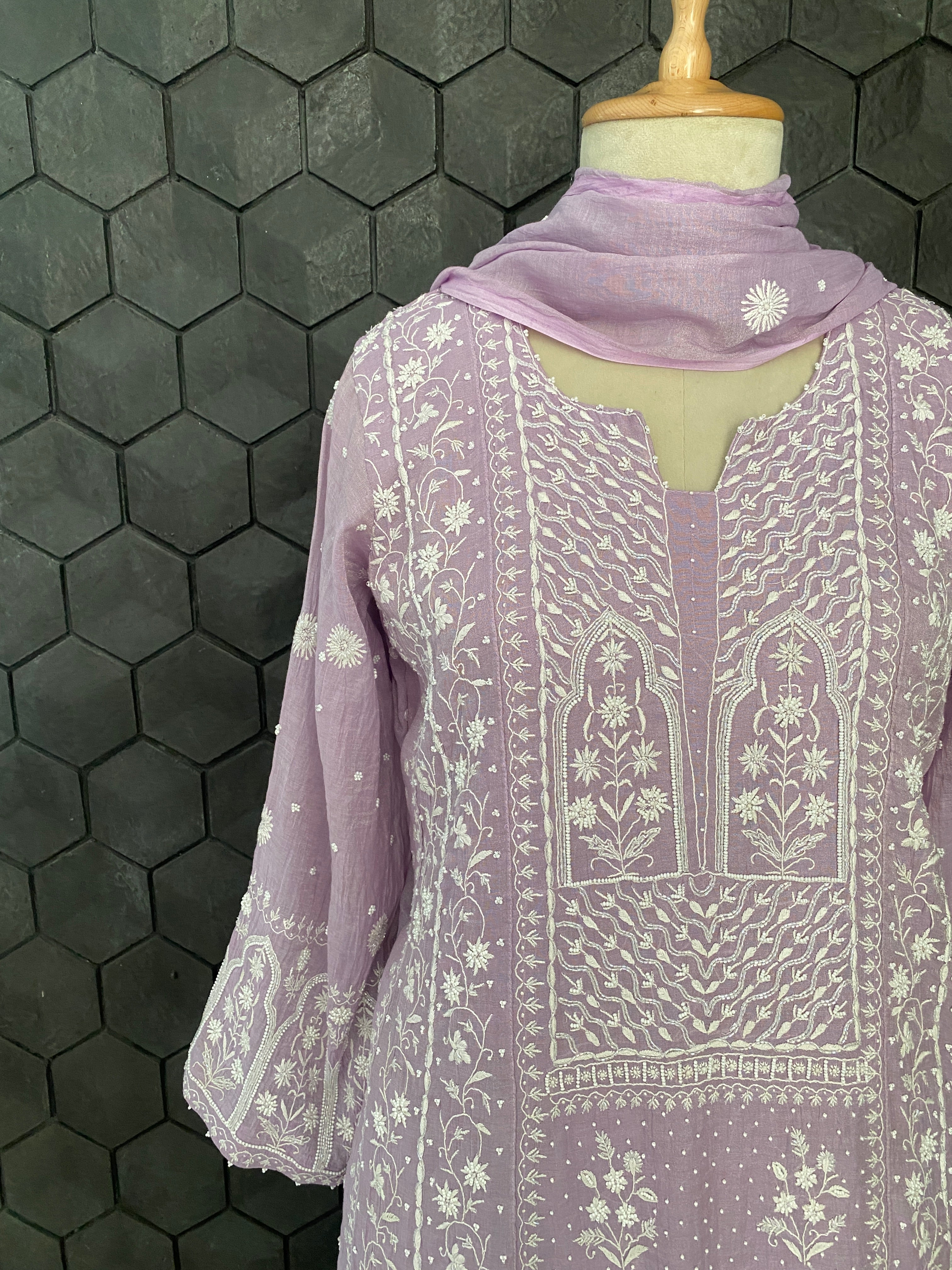 Lavender silver tissue chikankari anarkali set