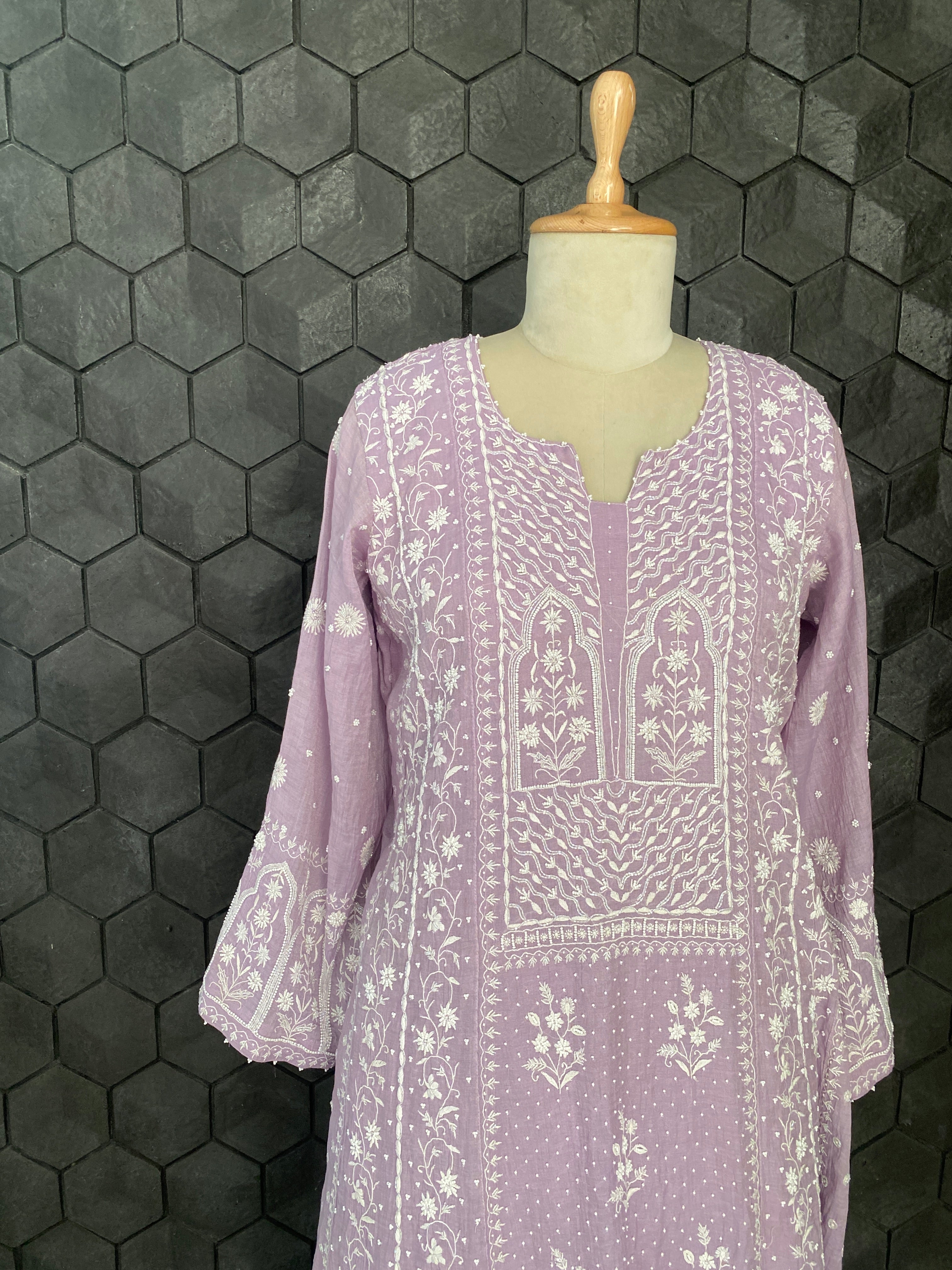 Lavender silver tissue chikankari anarkali set