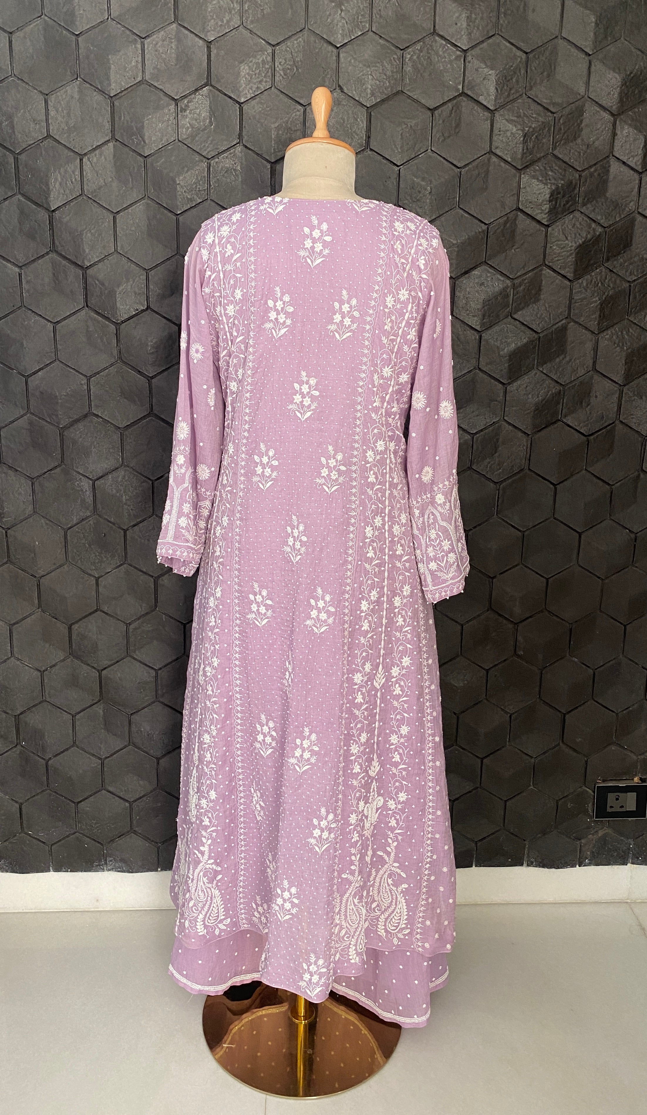 Lavender silver tissue chikankari anarkali set