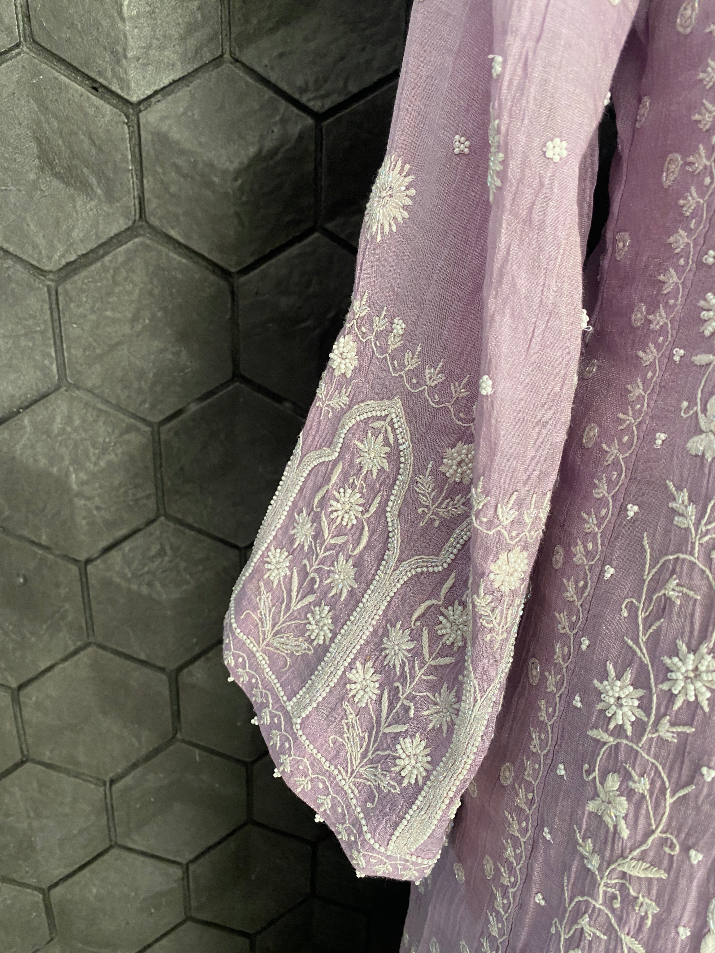 Lavender silver tissue chikankari anarkali set