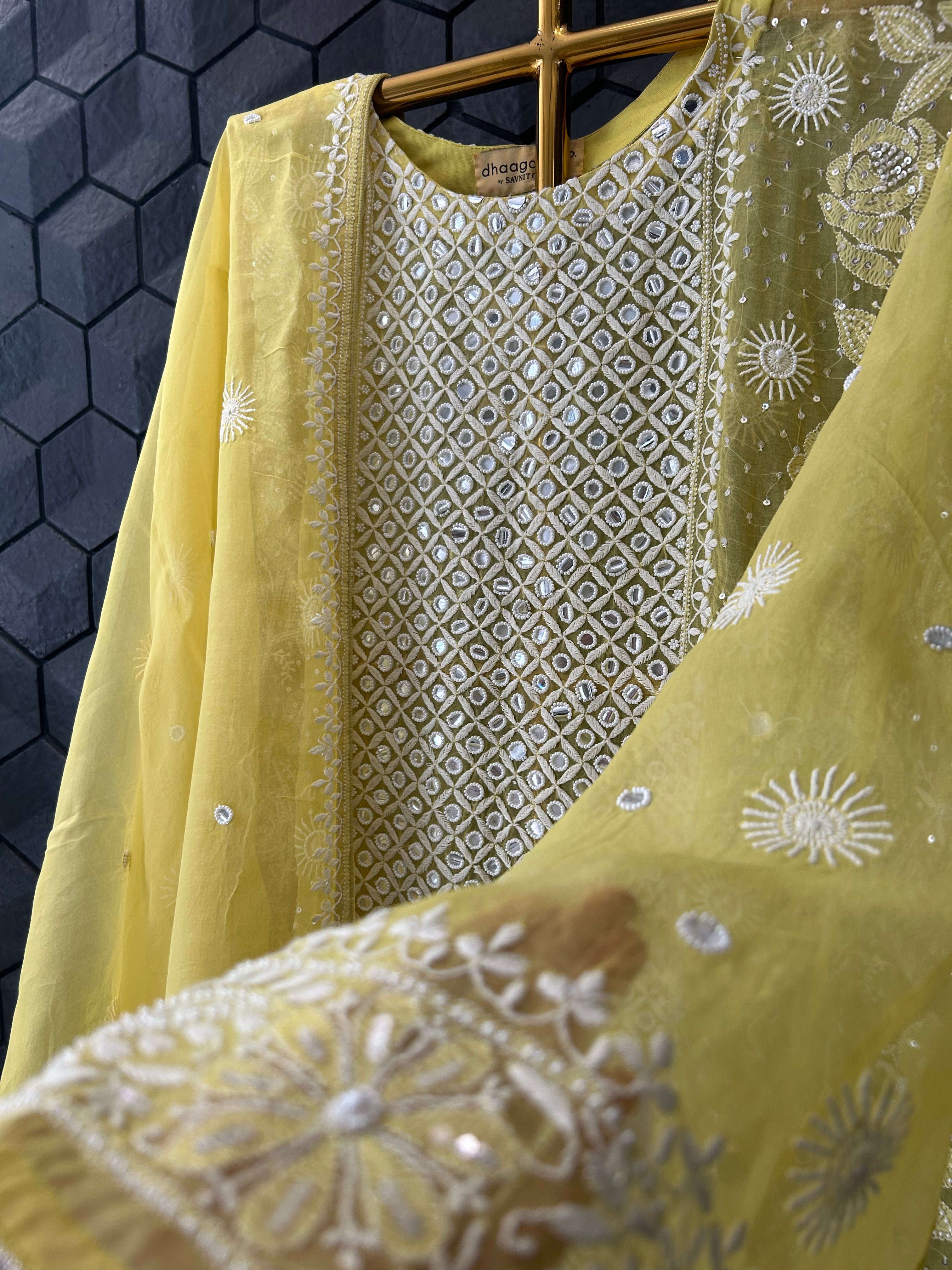 Yellow Organza Chikankari Kurta Set